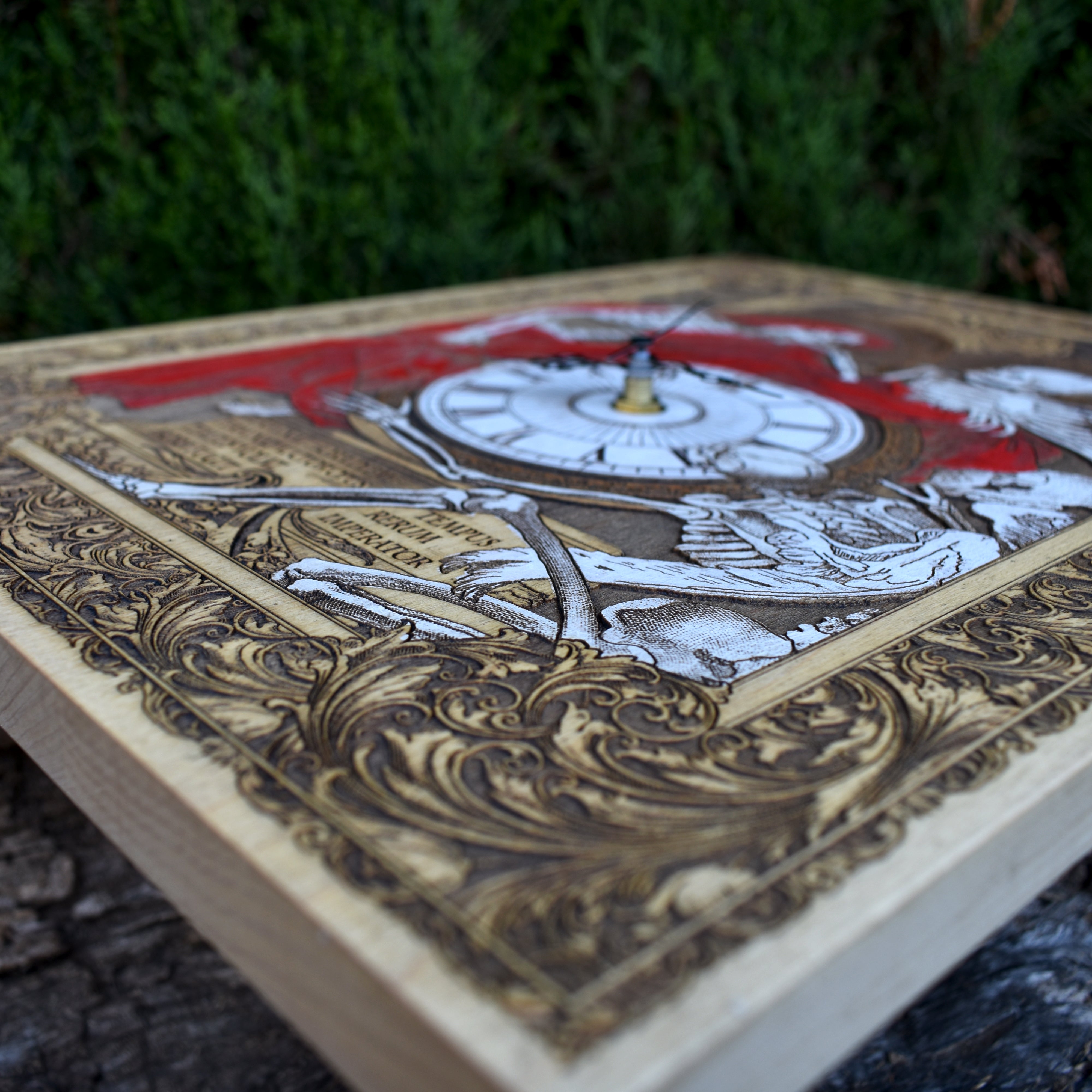 Gothic engraved wood art – gothic art, engraved wood, dark fantasy, skeleton design, artisan crafted