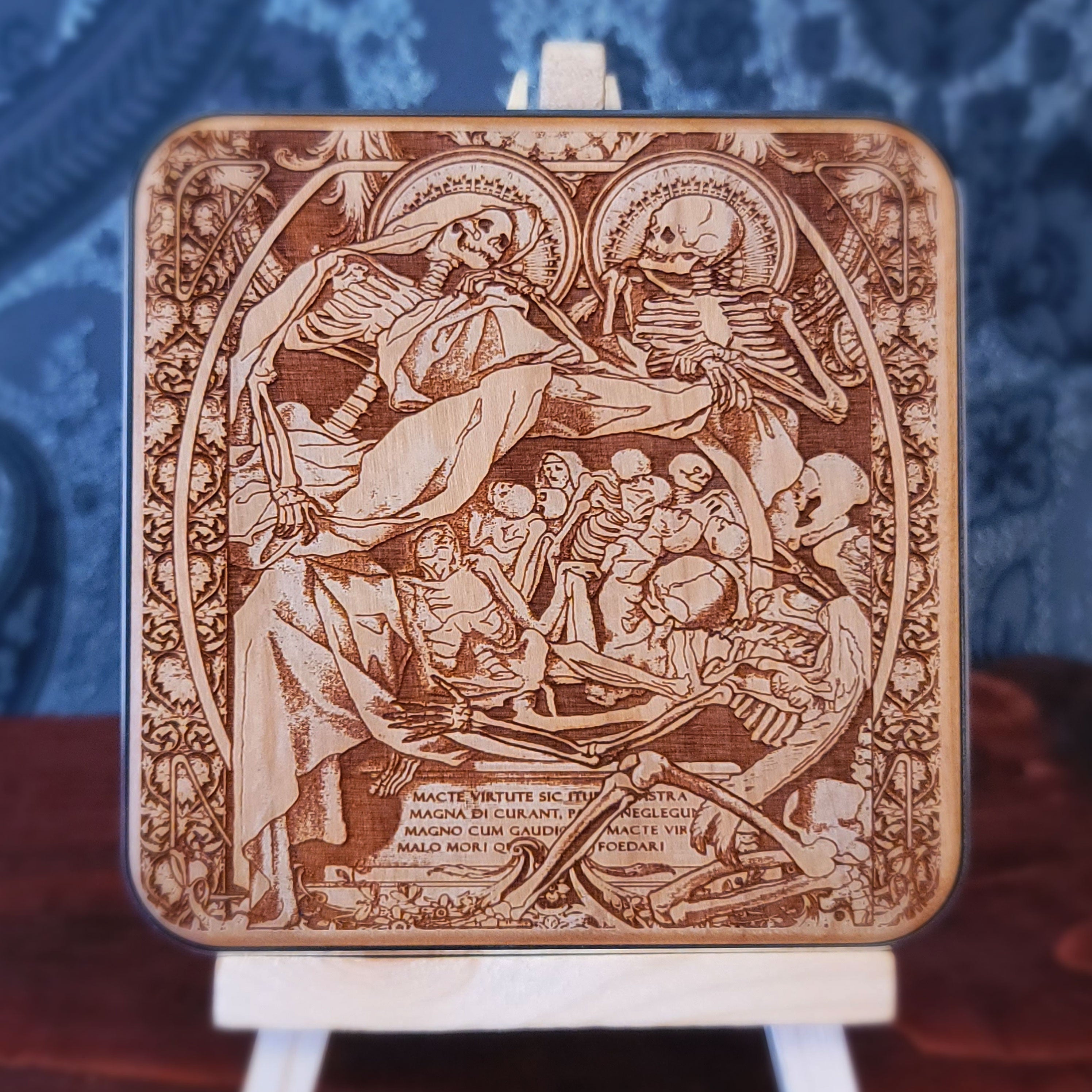 skeletons memento mori wireless charger wood laser engraved