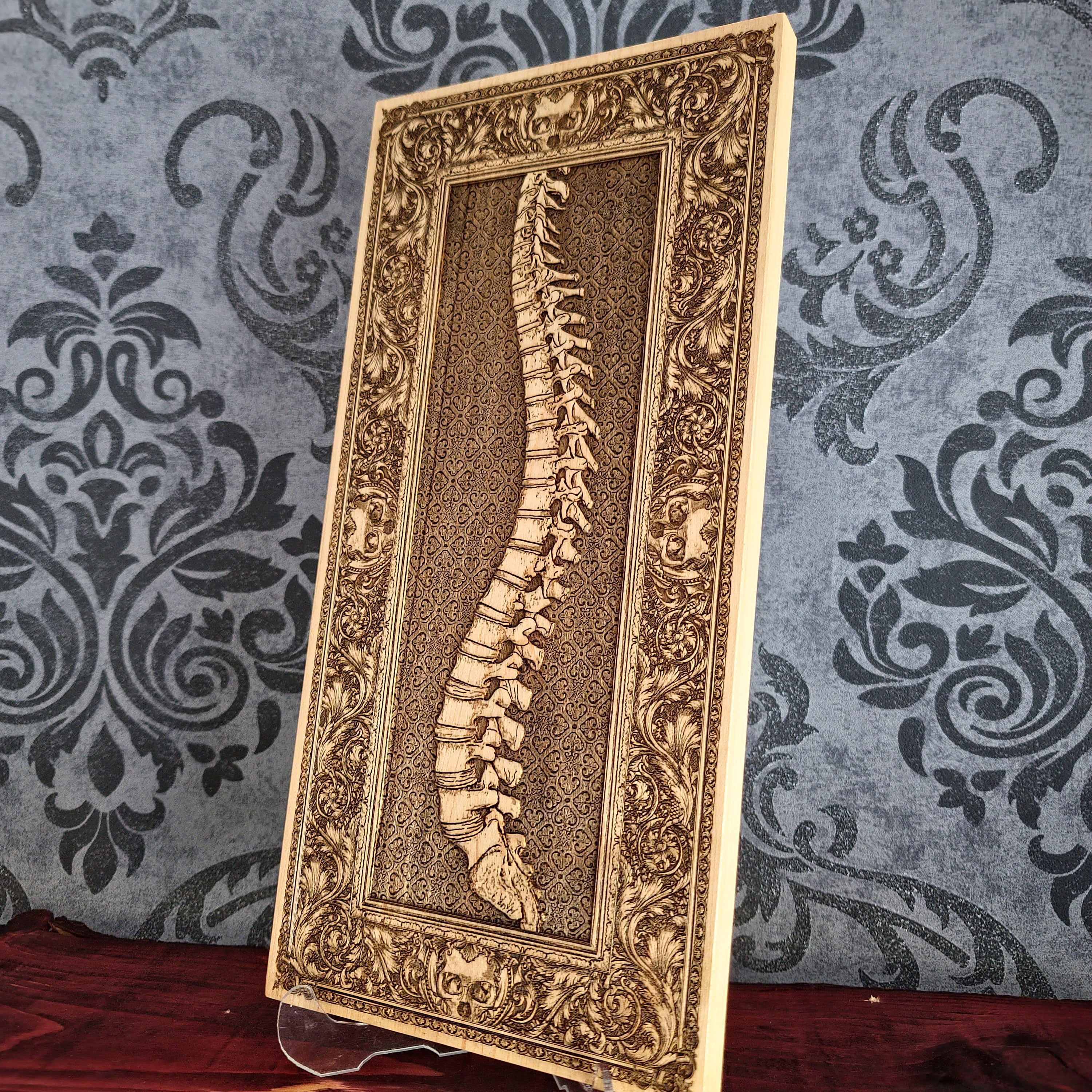 Handcrafted human spine wood engraving, laser-engraved on solid maple wood without paint. A medical-themed gift for doctors, chiropractors, anatomy lovers, and healthcare professionals.