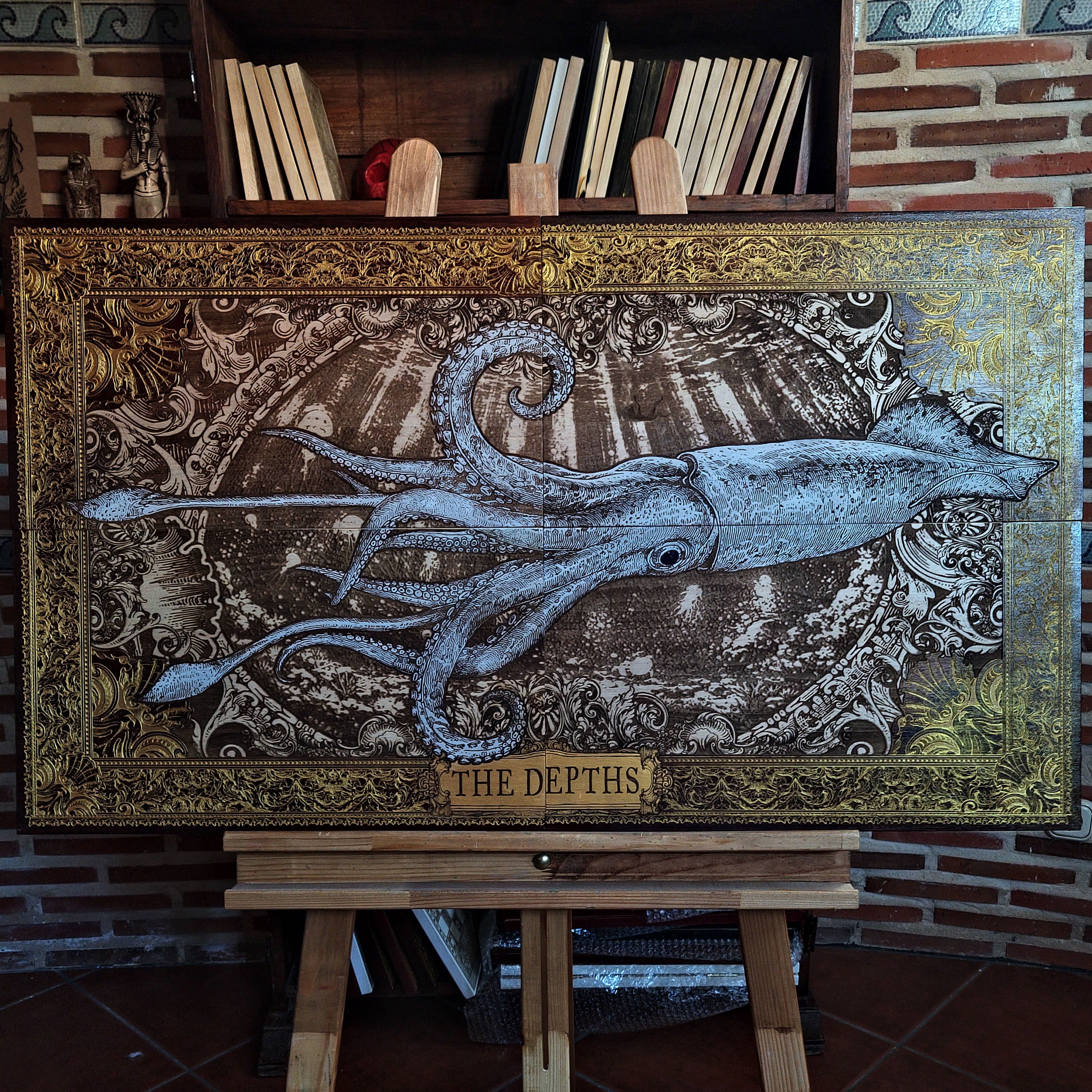 Large laser engraved and hand-painted wooden wall art featuring a detailed giant squid in a vintage nautical illustration style, ideal for coastal, maritime, beach house, and ocean-inspired interiors.