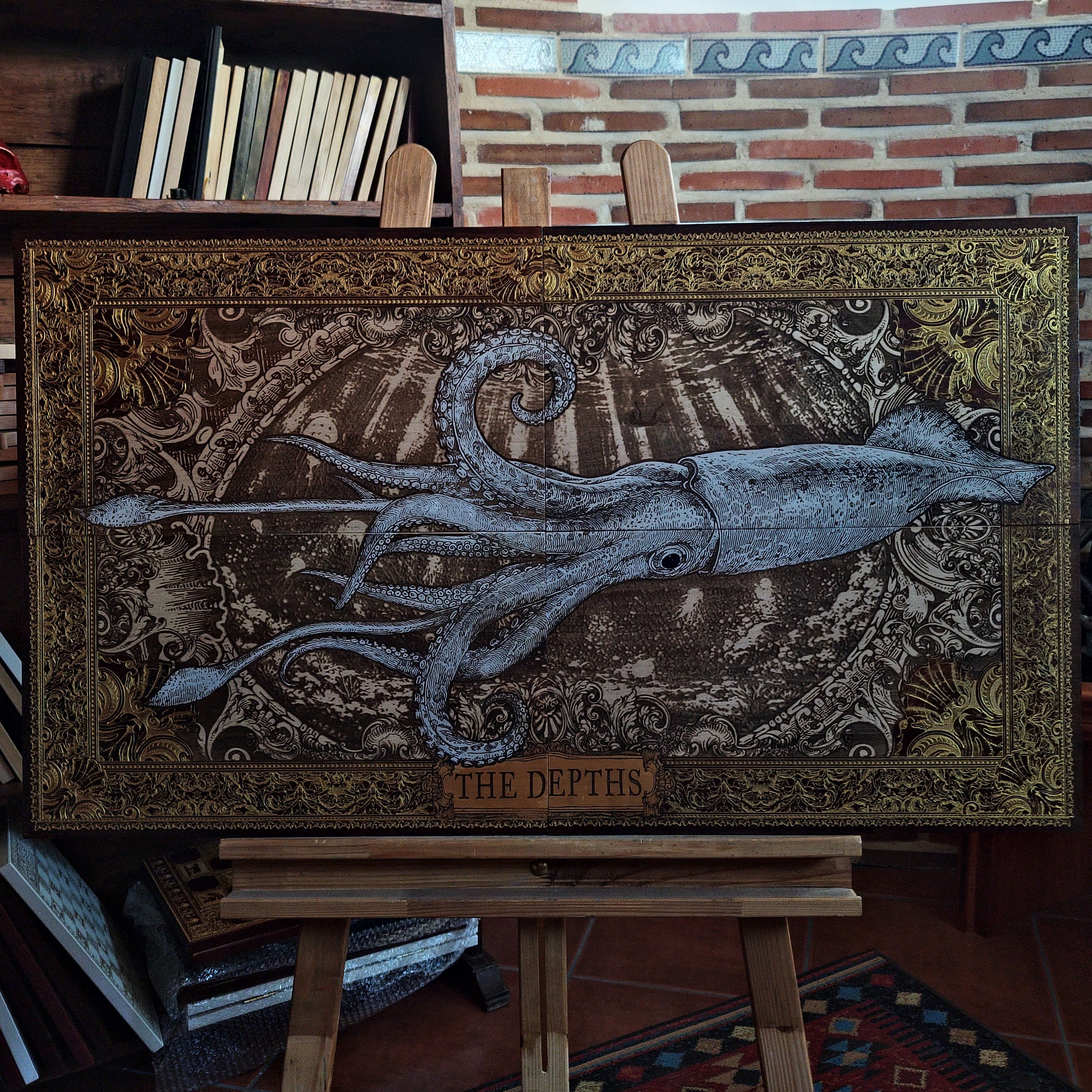 Large laser engraved and hand-painted wooden wall art featuring a detailed giant squid in a vintage nautical illustration style, ideal for coastal, maritime, beach house, and ocean-inspired interiors.
