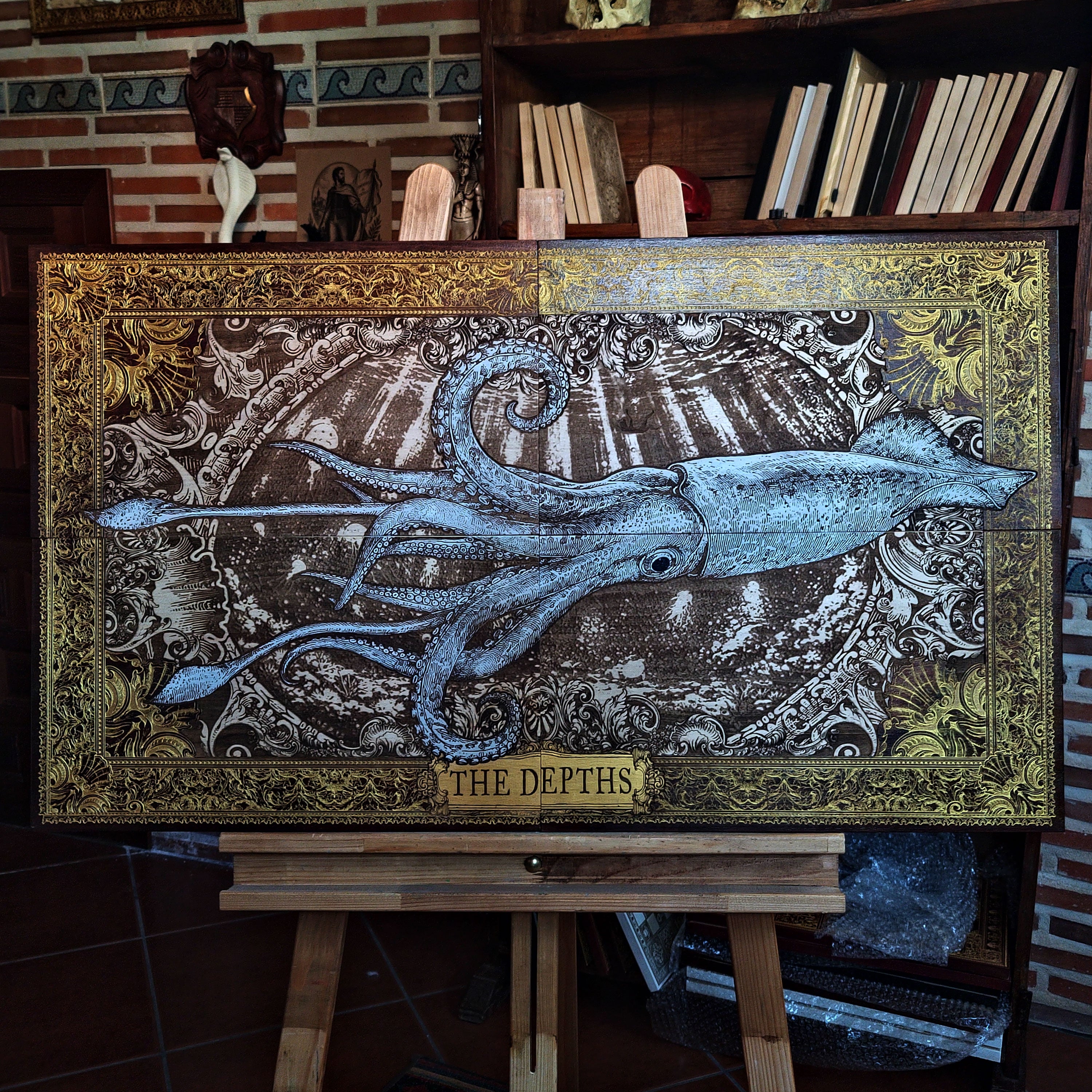 Large laser engraved and hand-painted wooden wall art featuring a detailed giant squid in a vintage nautical illustration style, ideal for coastal, maritime, beach house, and ocean-inspired interiors.