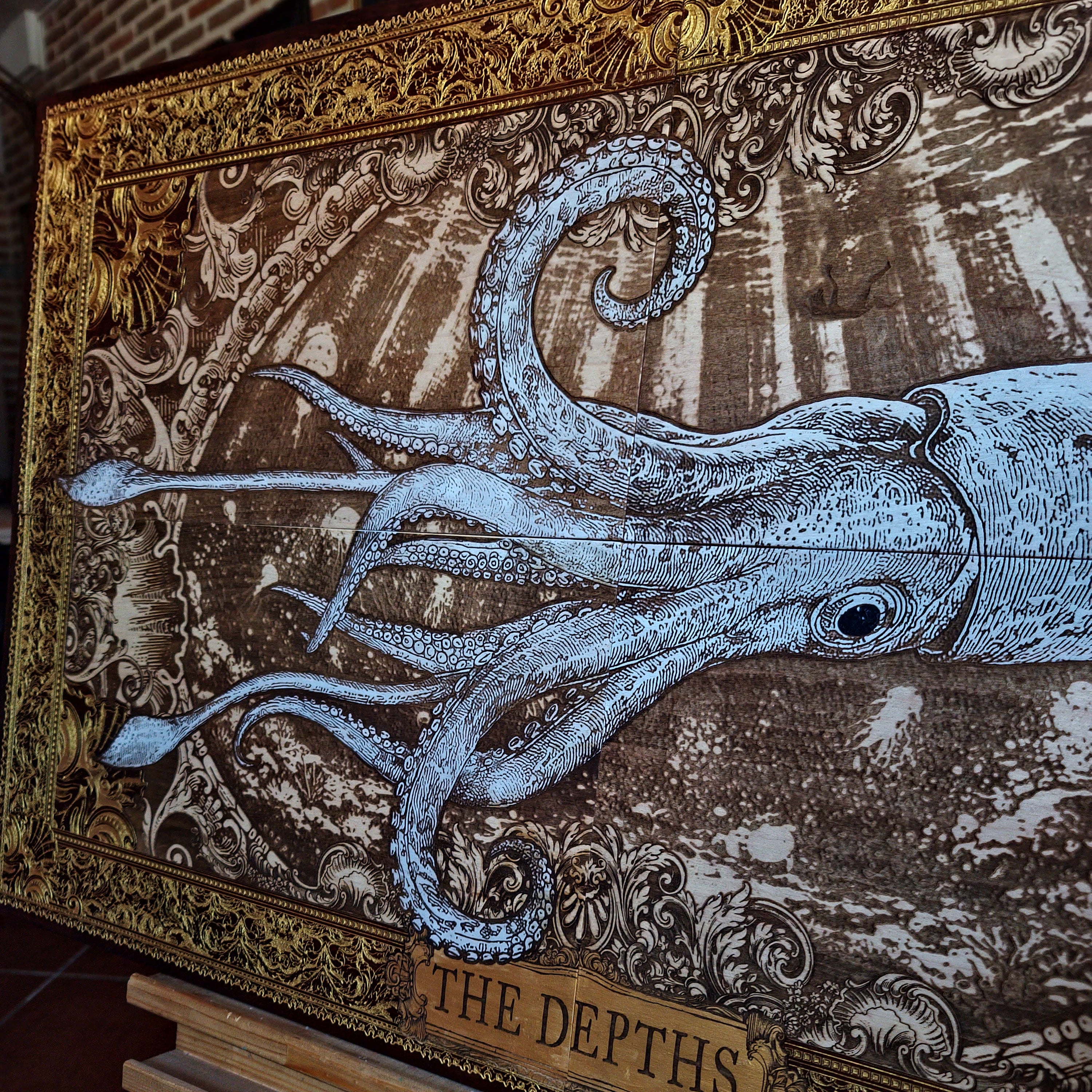 Large laser engraved and hand-painted wooden wall art featuring a detailed giant squid in a vintage nautical illustration style, ideal for coastal, maritime, beach house, and ocean-inspired interiors.