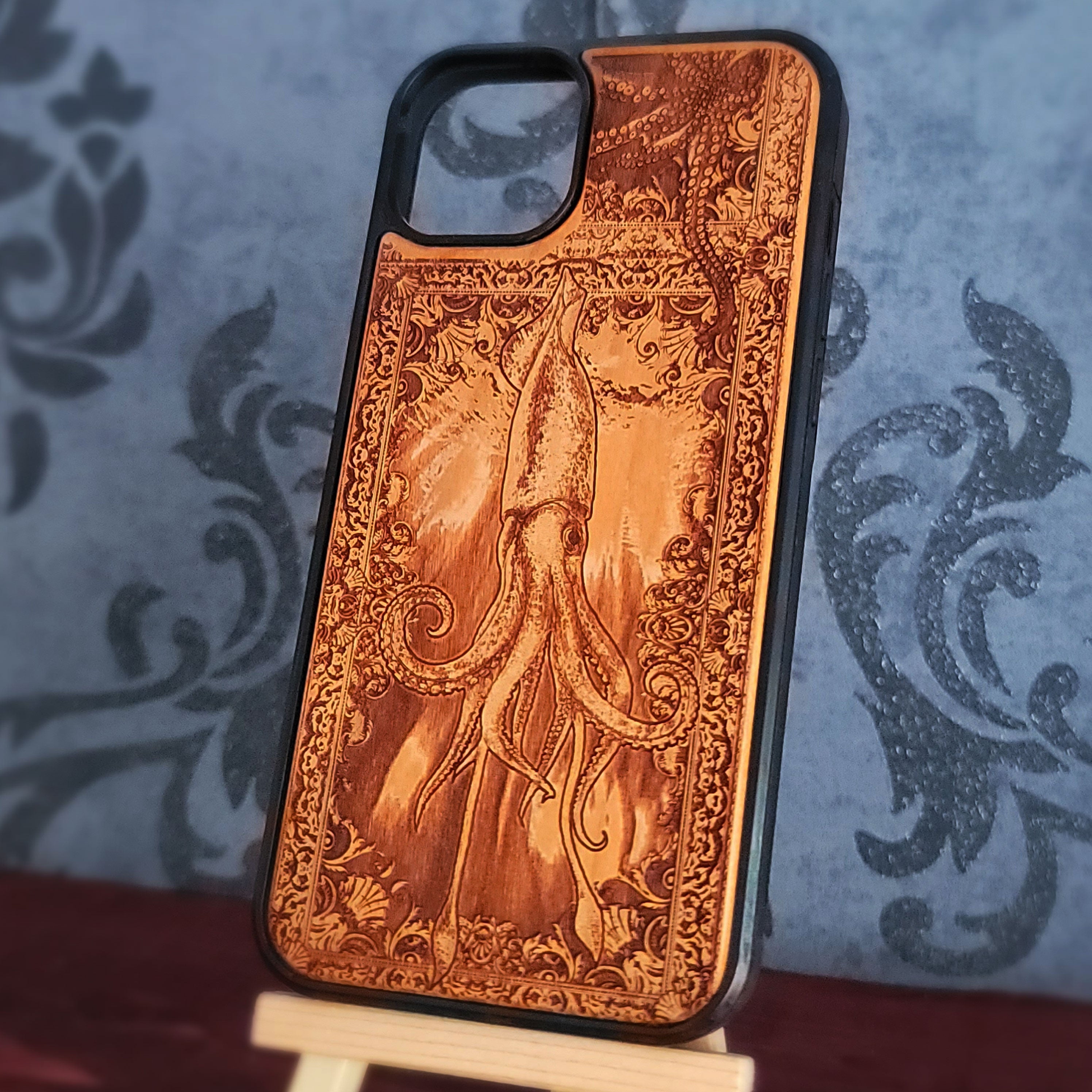 Squid wood phone case laser engraved