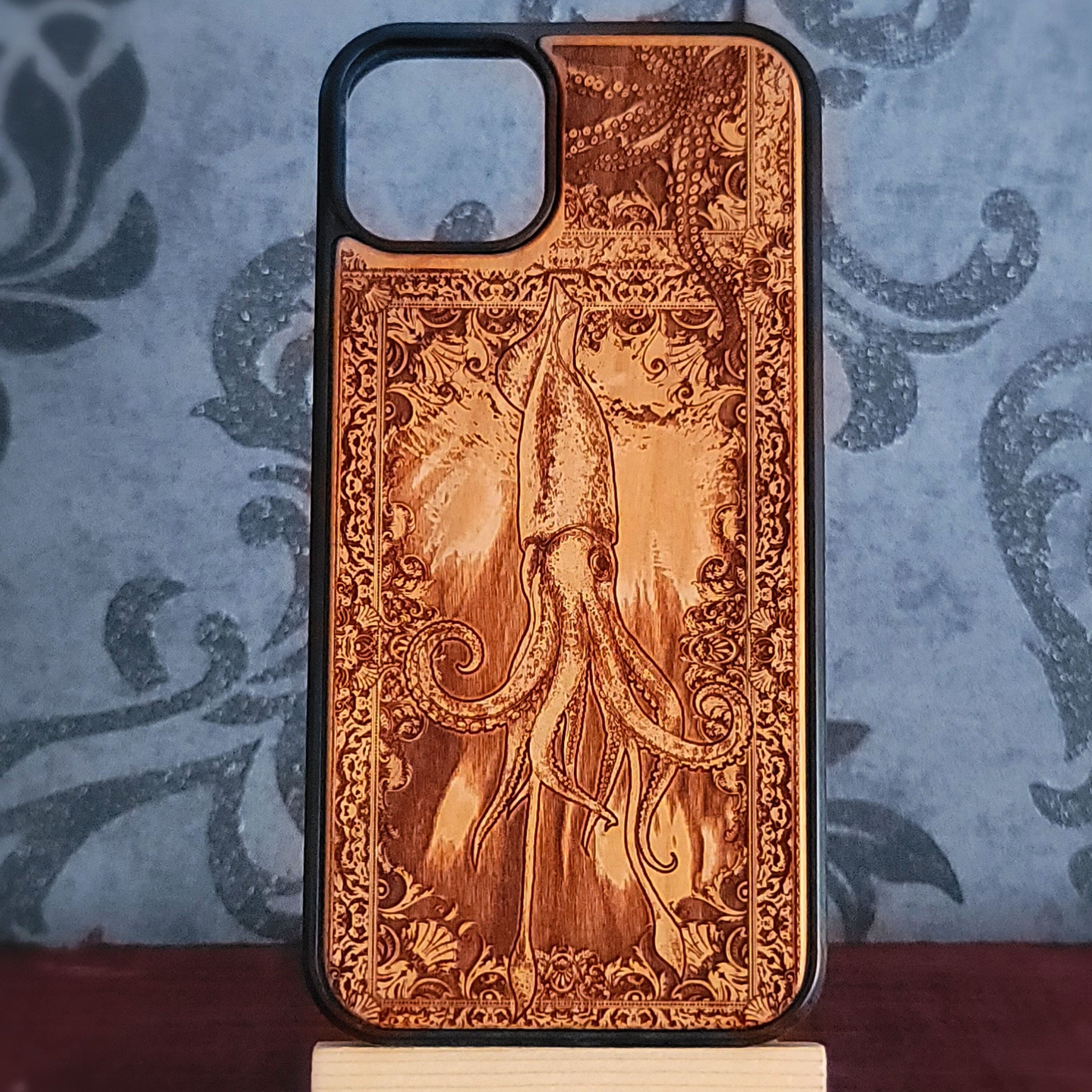 Squid wood phone case laser engraved