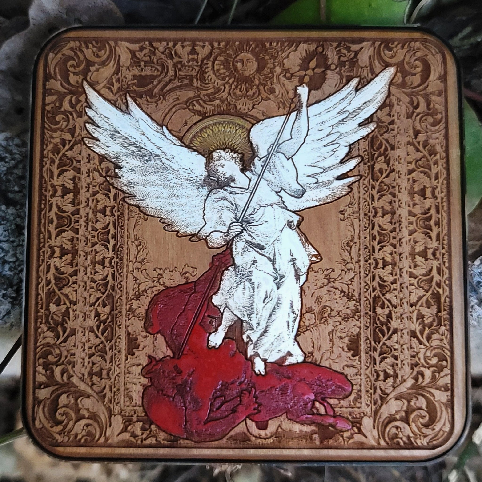 St. Michael the Archangel wood wireless charger, laser engraved