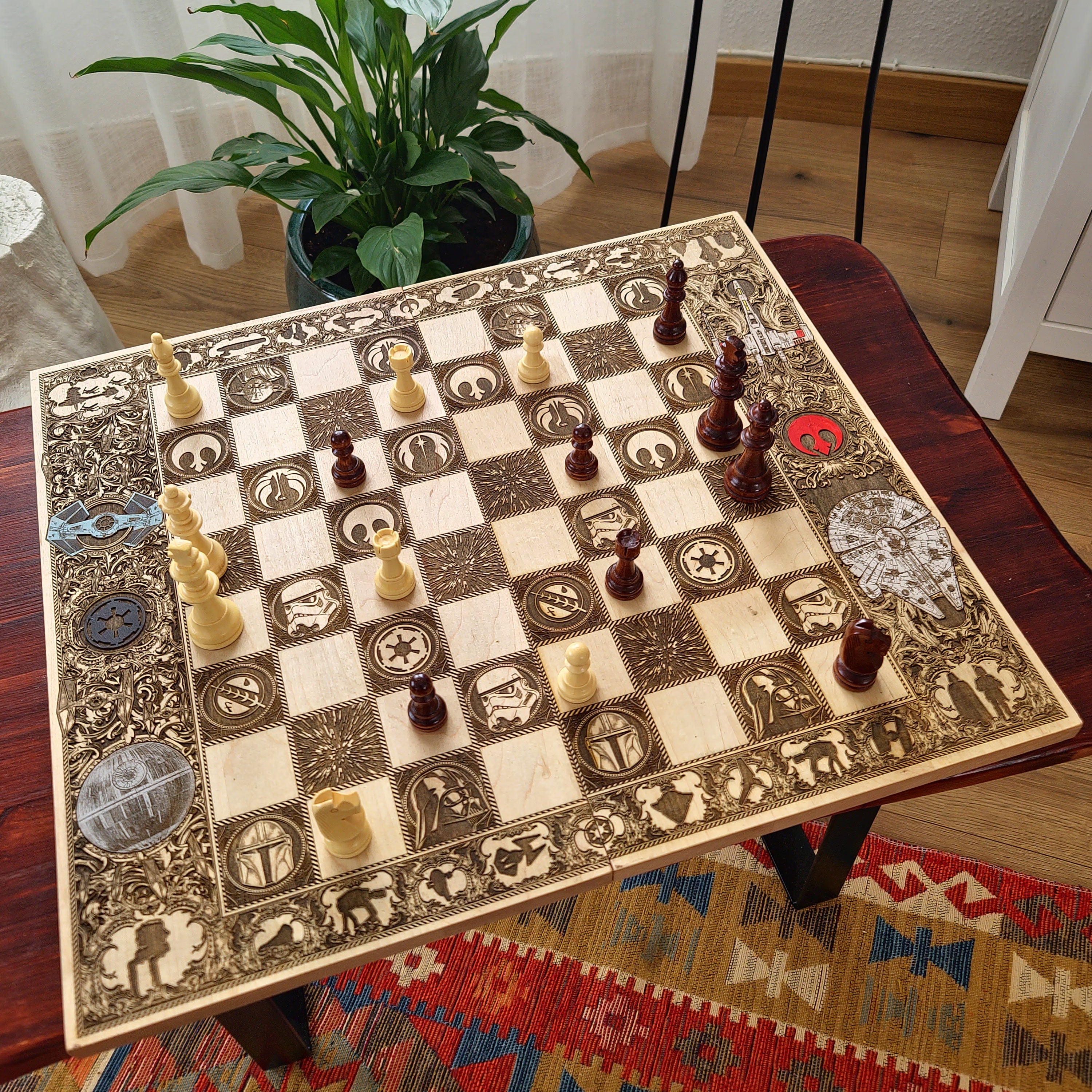 Decorative chessboard with pieces on a wooden table