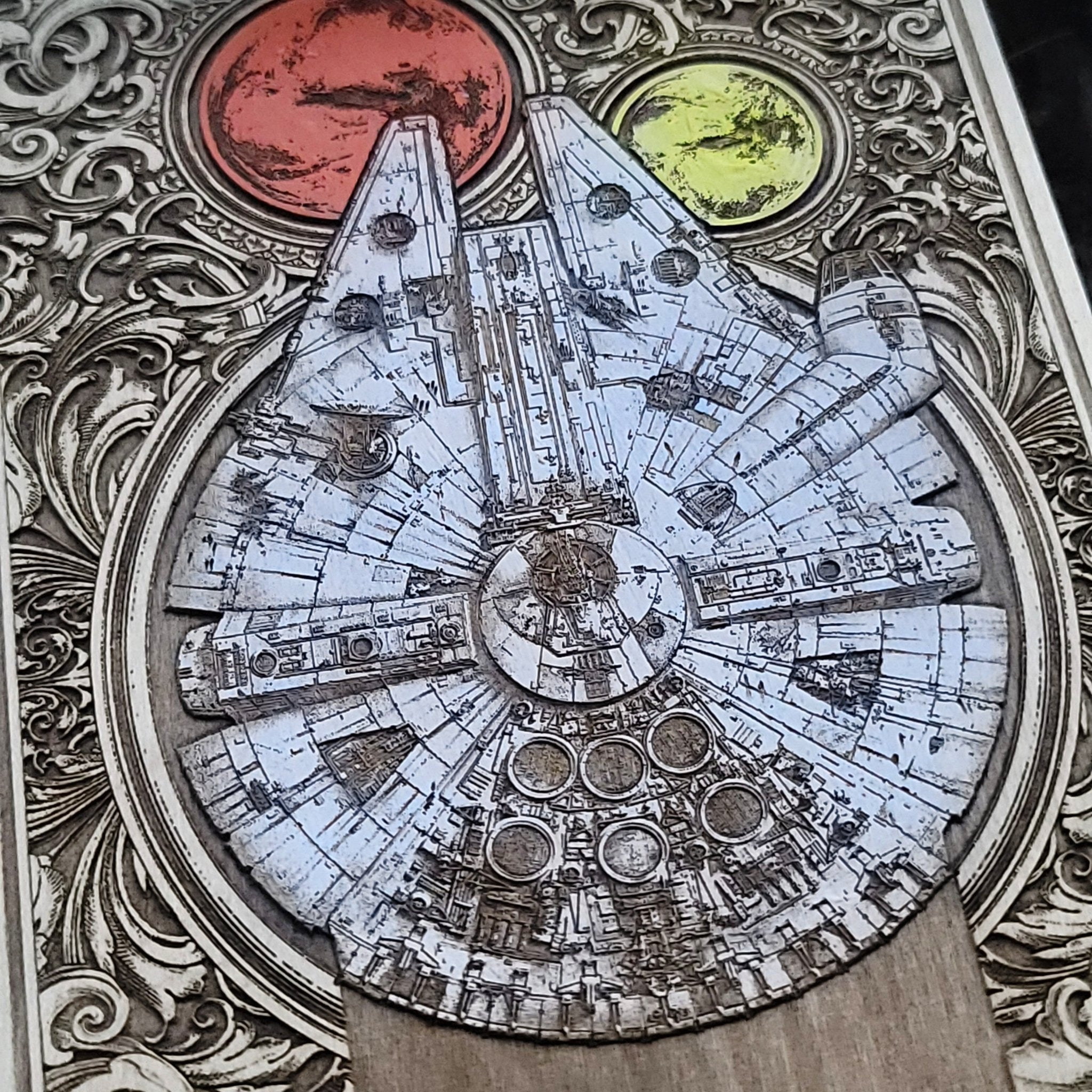 Star Wars-inspired wood engraving – Millennium Falcon art