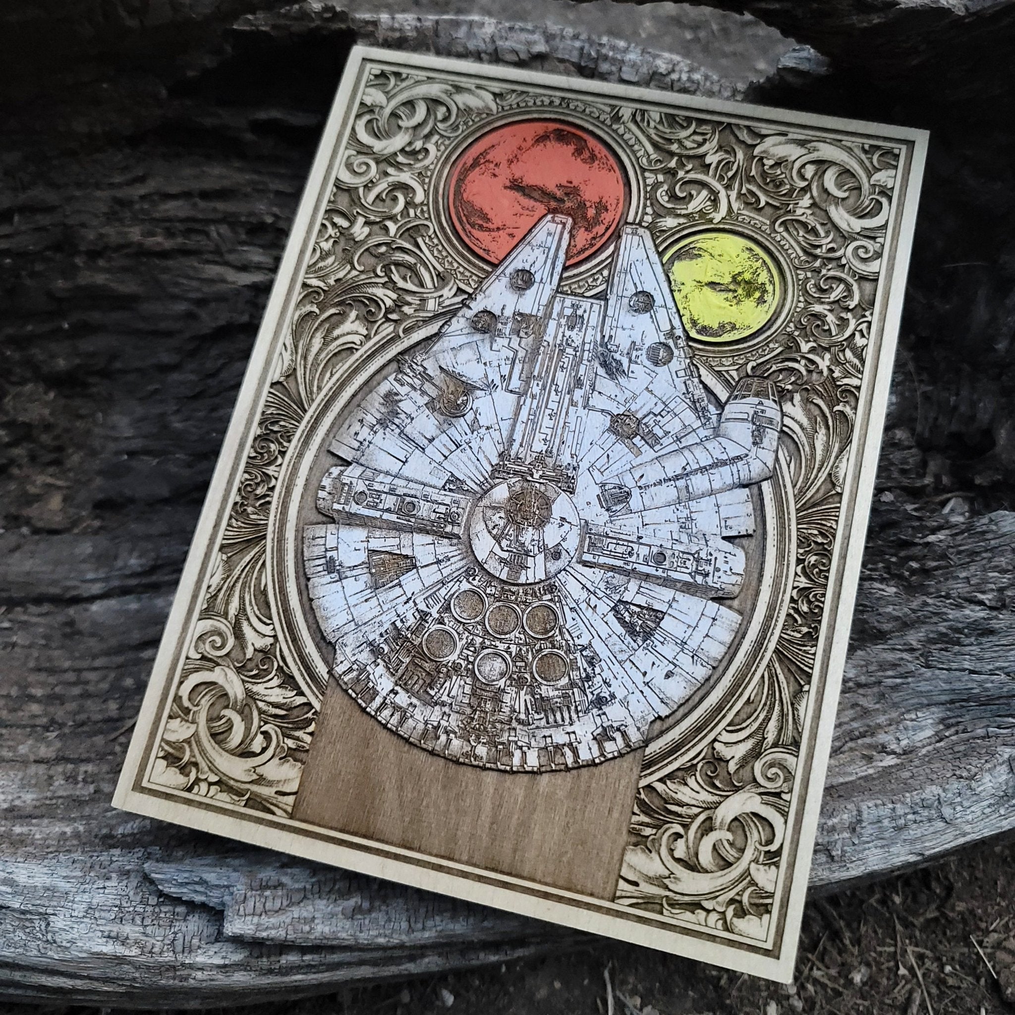 Laser-engraved Millennium Falcon ship – Geeky wall decor