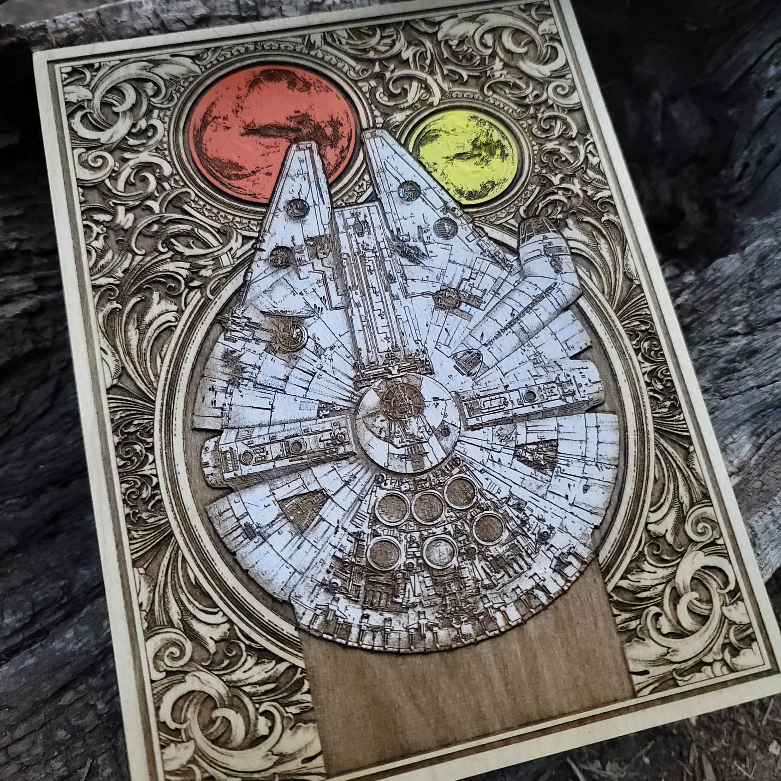Unique Millennium Falcon wooden plaque – Collector’s decor