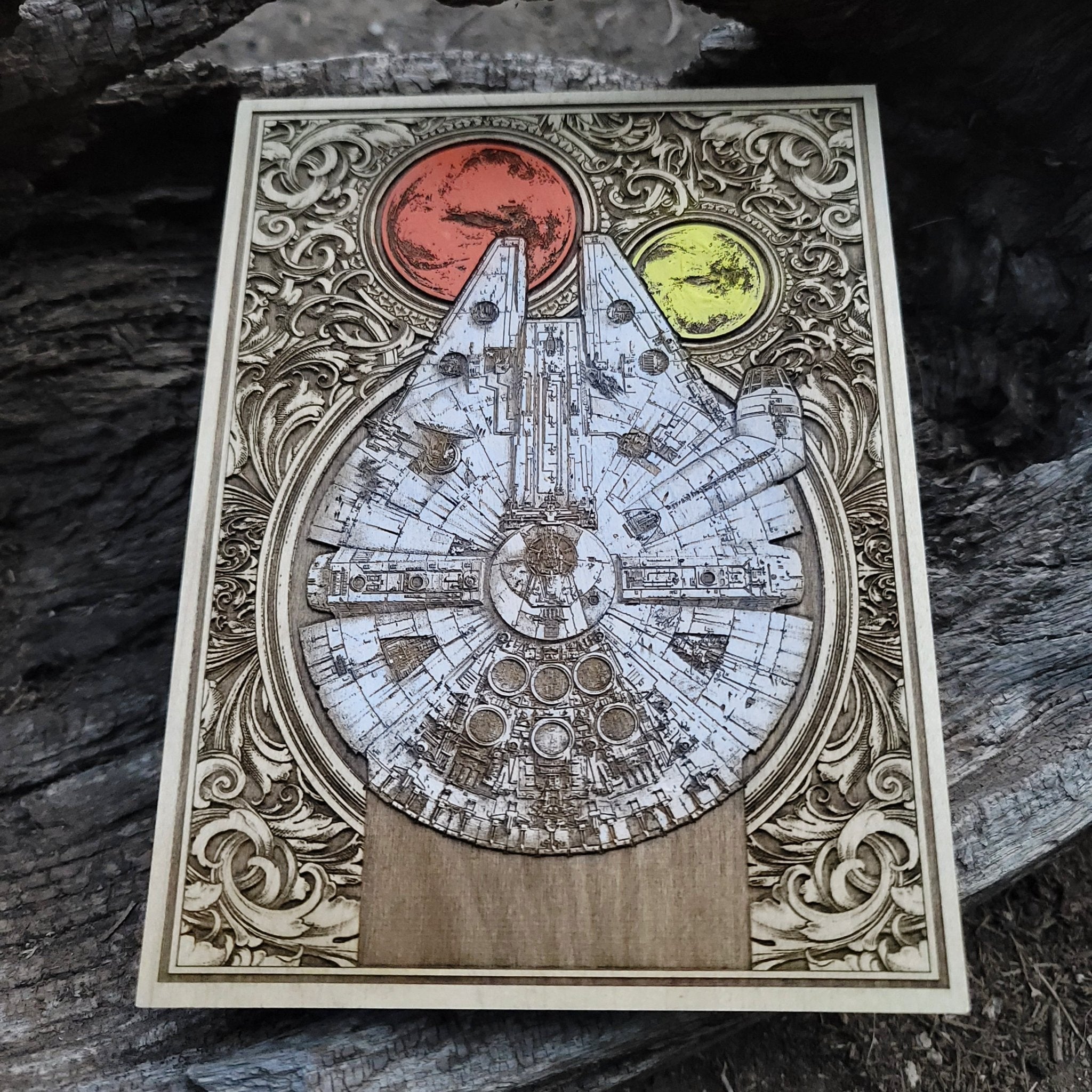 Wooden Millennium Falcon wall display – Movie-inspired artwork