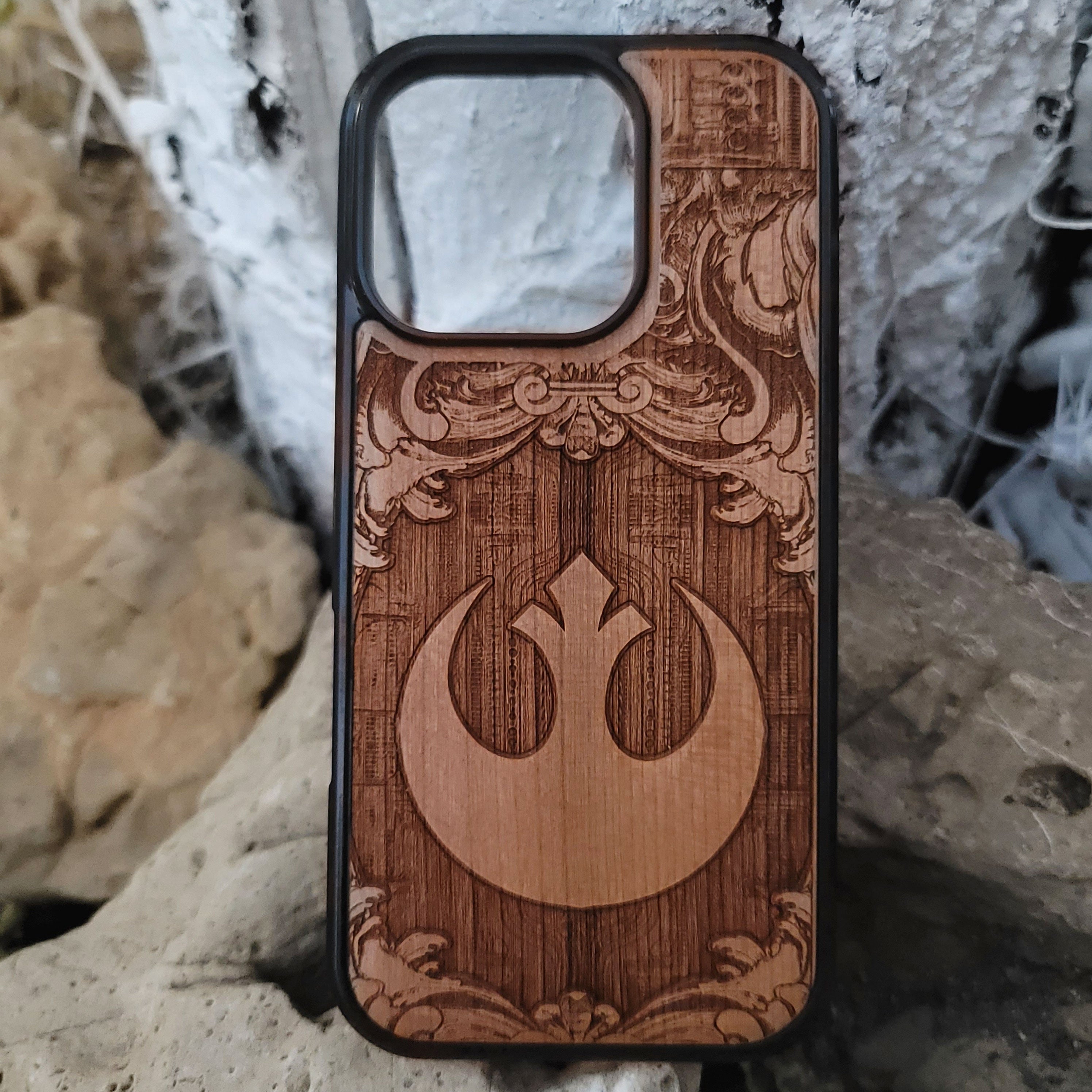 Rebel Alliance logo deep laser engraved wood phone case for iPhone and Samsung Galaxy – Star Wars inspired design