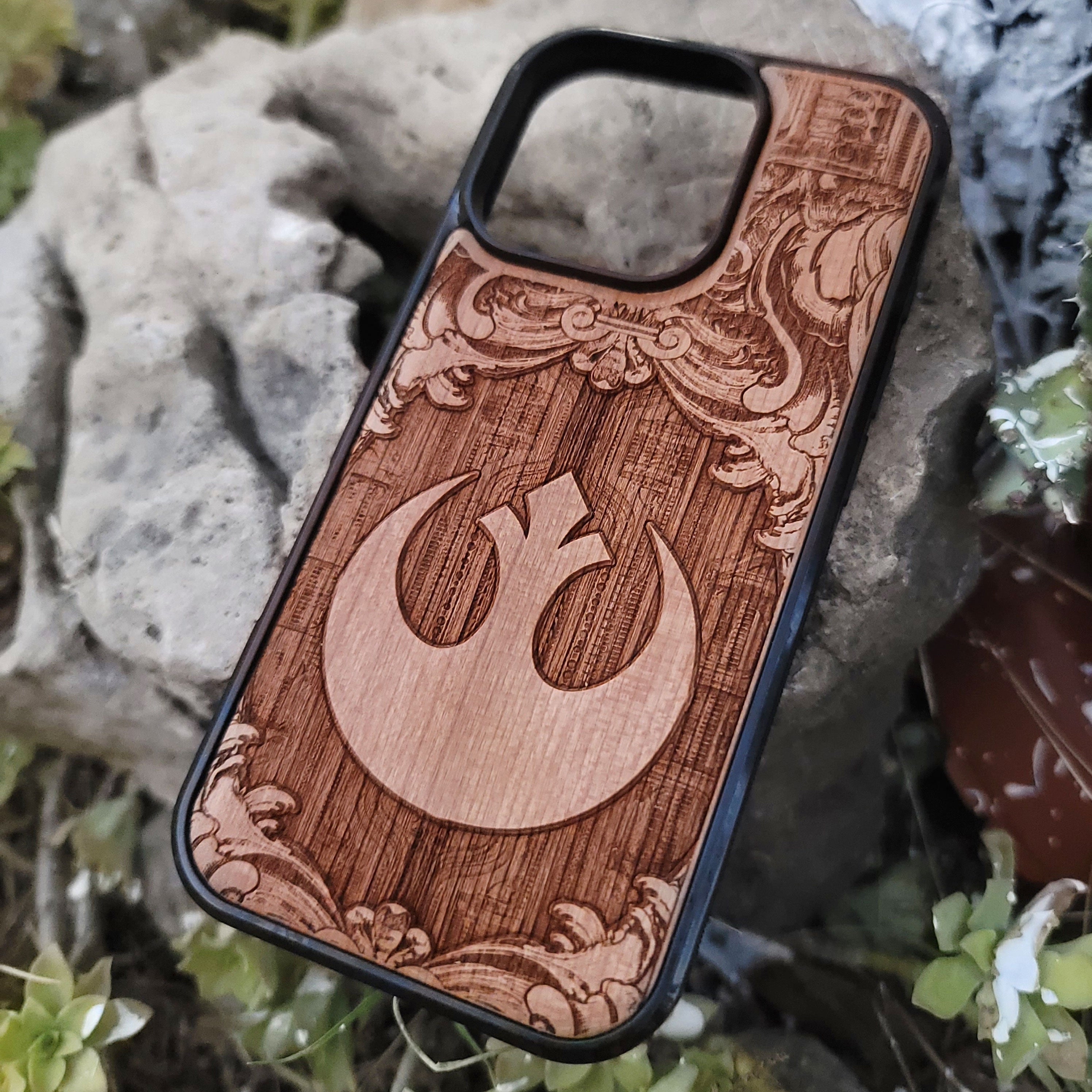 Rebel Alliance logo deep laser engraved wood phone case for iPhone and Samsung Galaxy – Star Wars inspired design