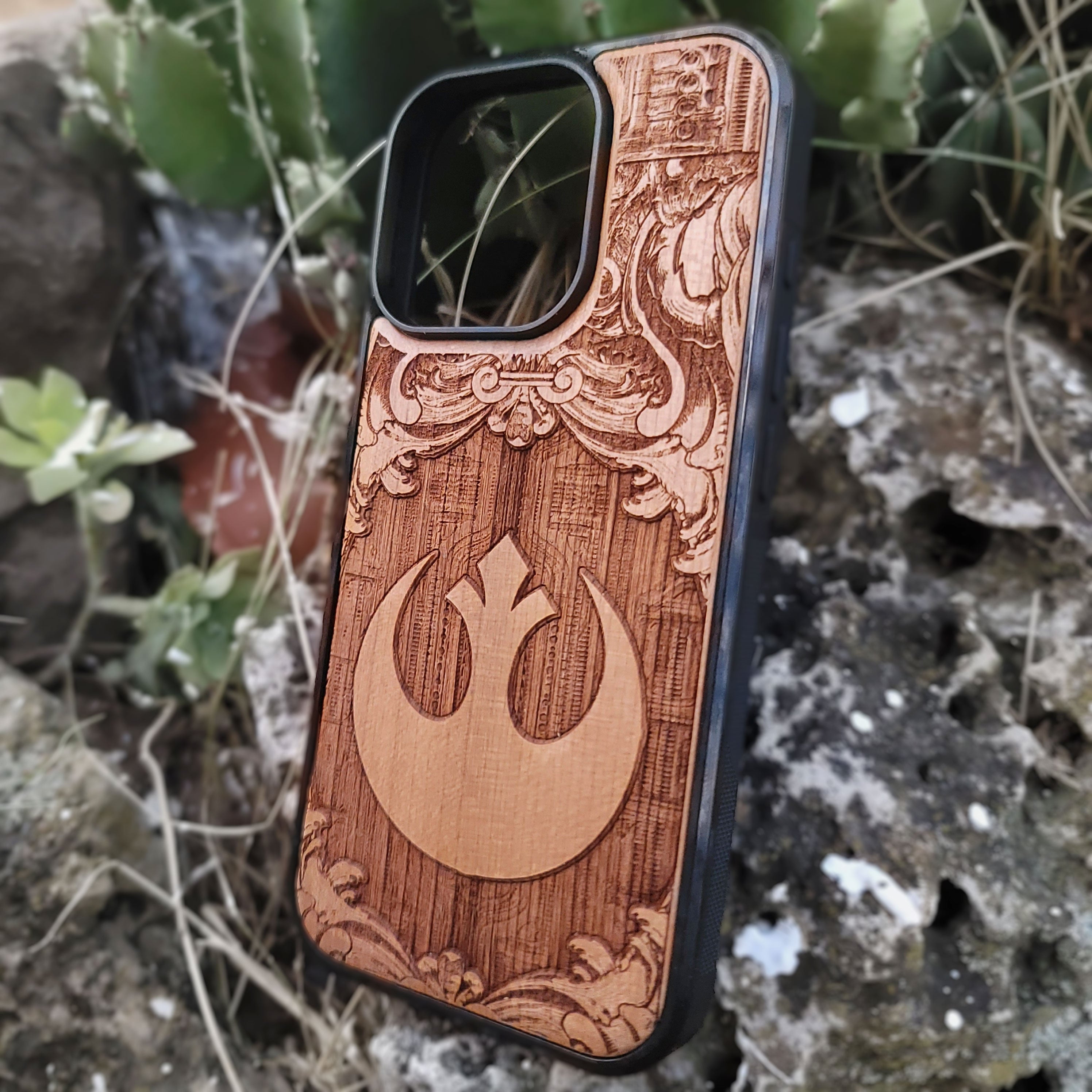 Rebel Alliance logo deep laser engraved wood phone case for iPhone and Samsung Galaxy – Star Wars inspired design