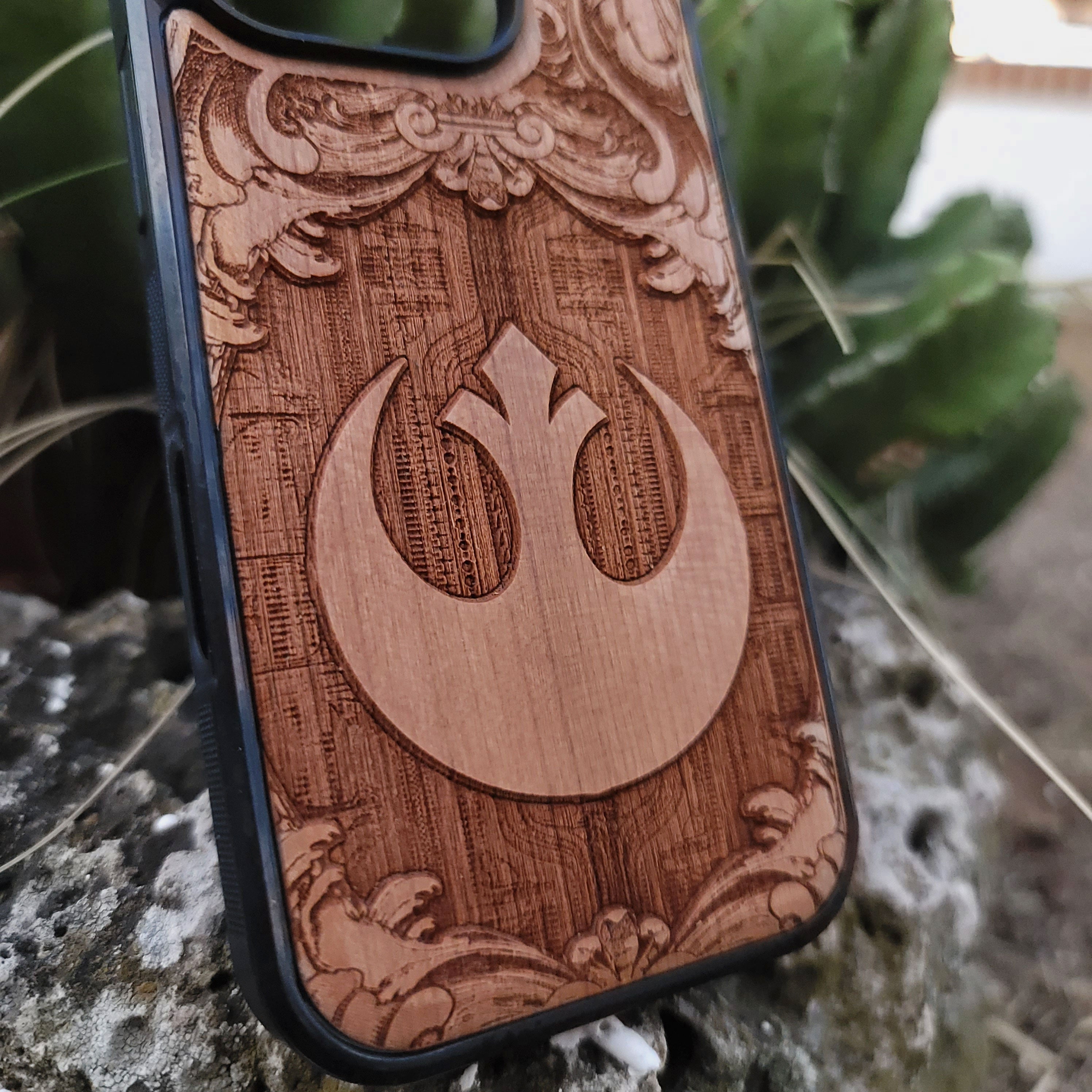 Rebel Alliance logo deep laser engraved wood phone case for iPhone and Samsung Galaxy – Star Wars inspired design