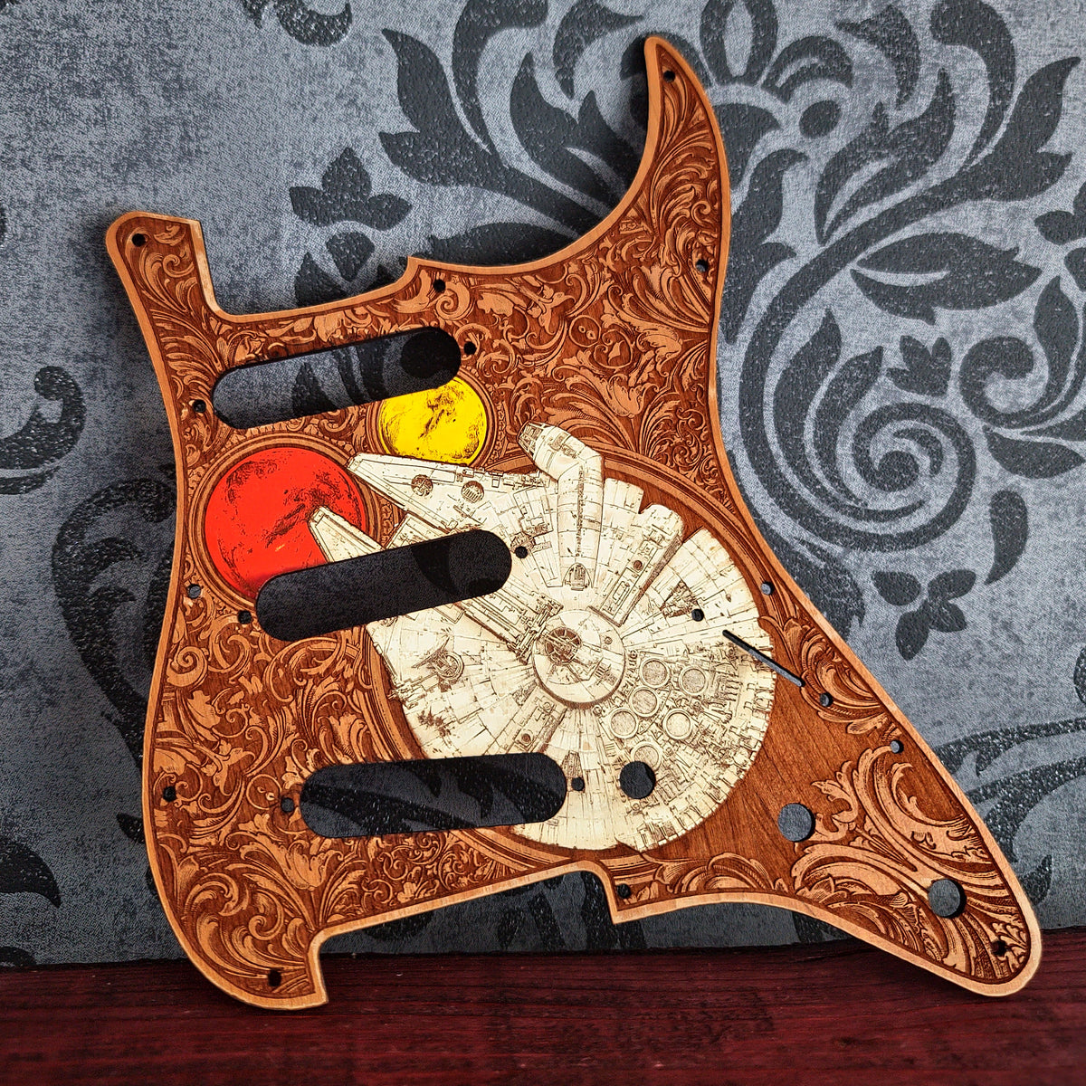 Hand painted Stratocaster wooden pickguard with custom engraved artwork