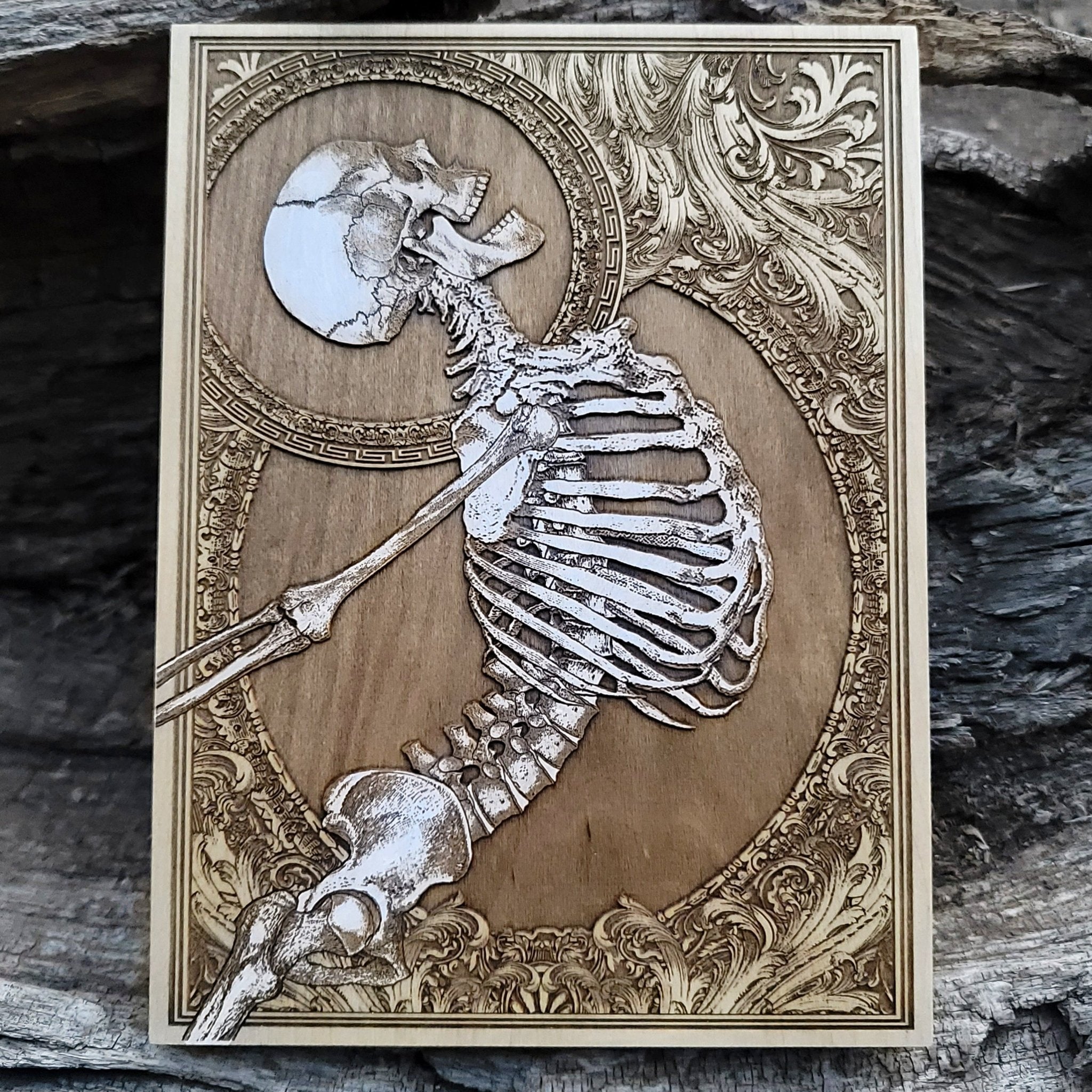 Gothic skeleton wood artwork, hand-painted skull design for dark decor.