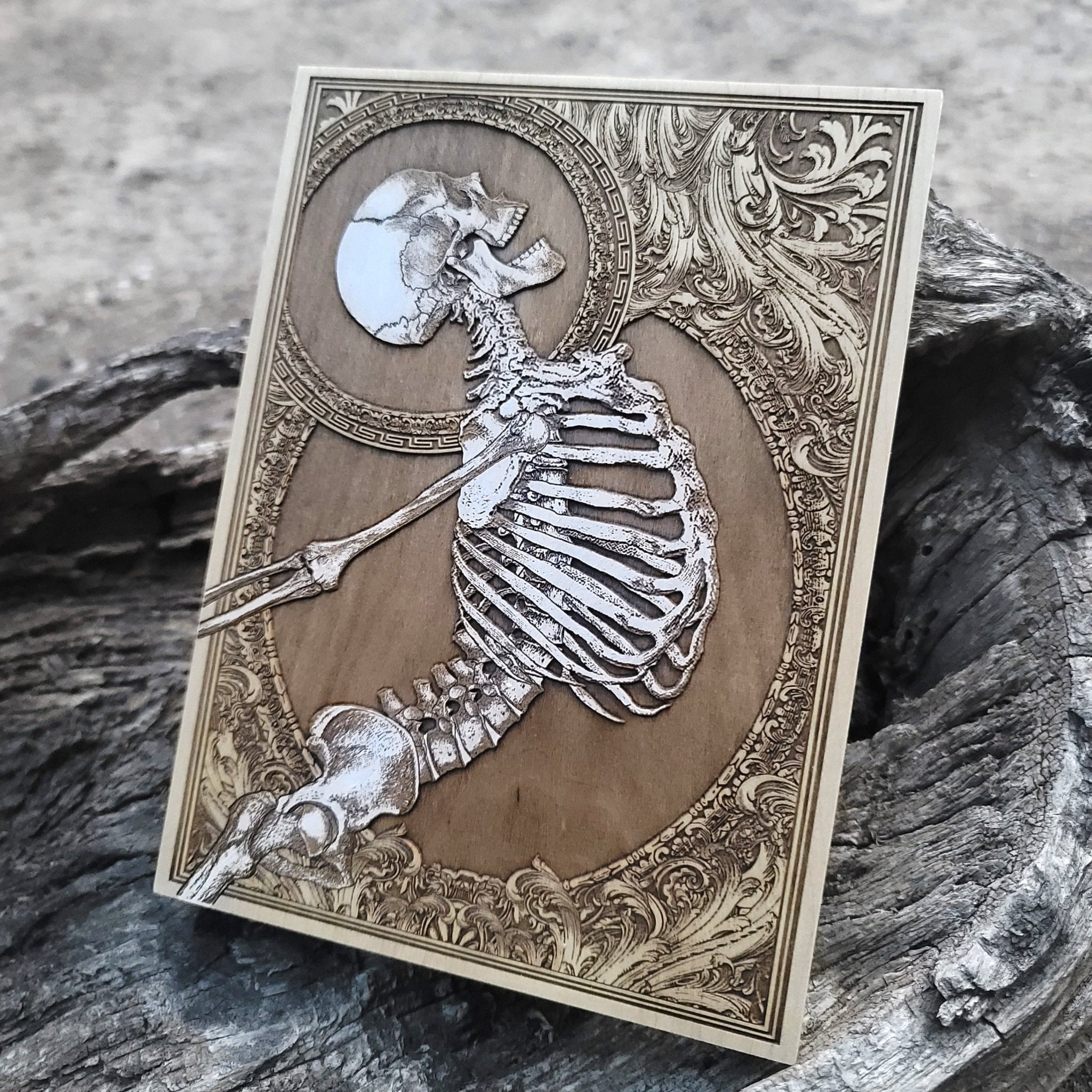 Macabre skull wood art, perfect for gothic home decor and collectors.