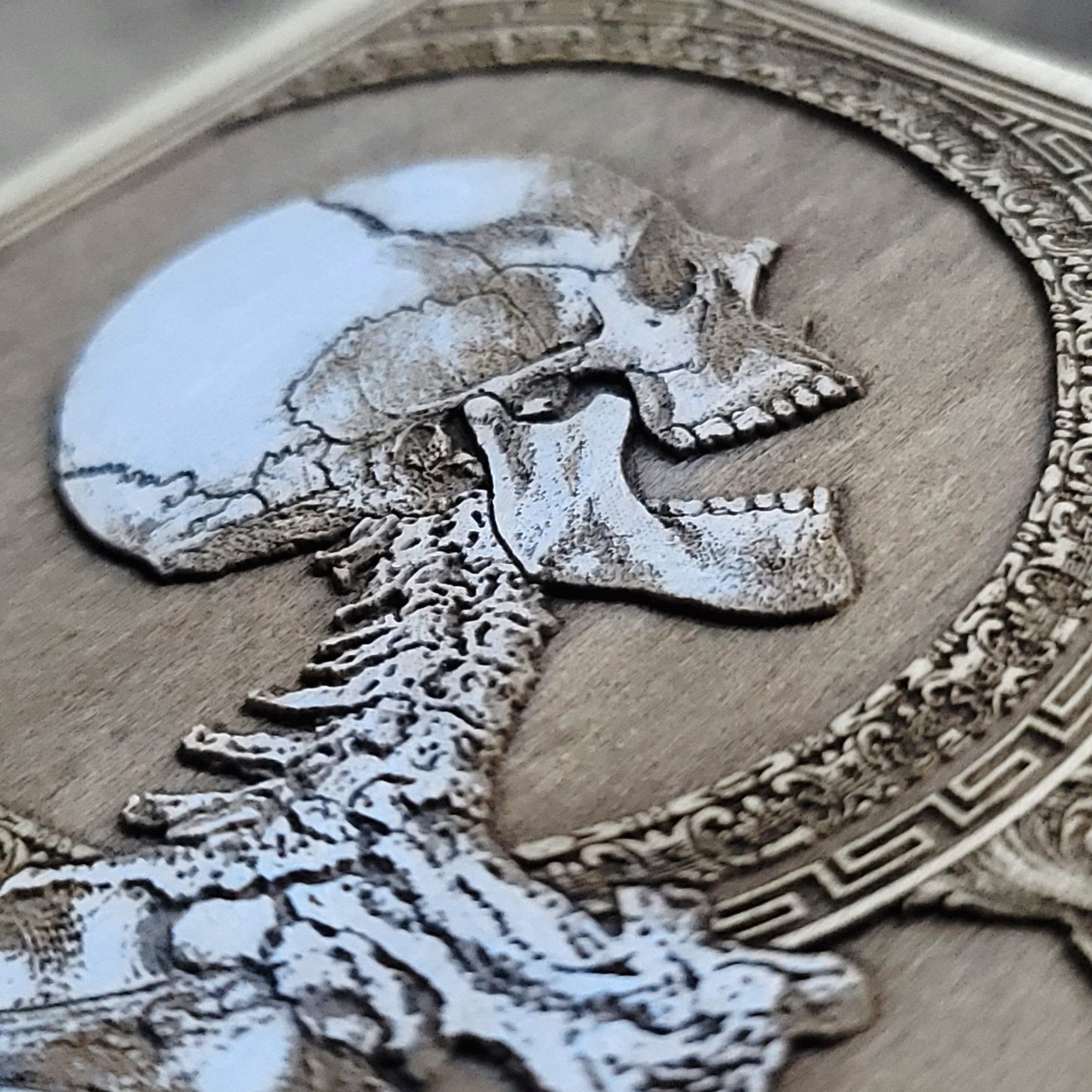 Dark skeleton wood engraving, gothic horror-themed handmade decor.