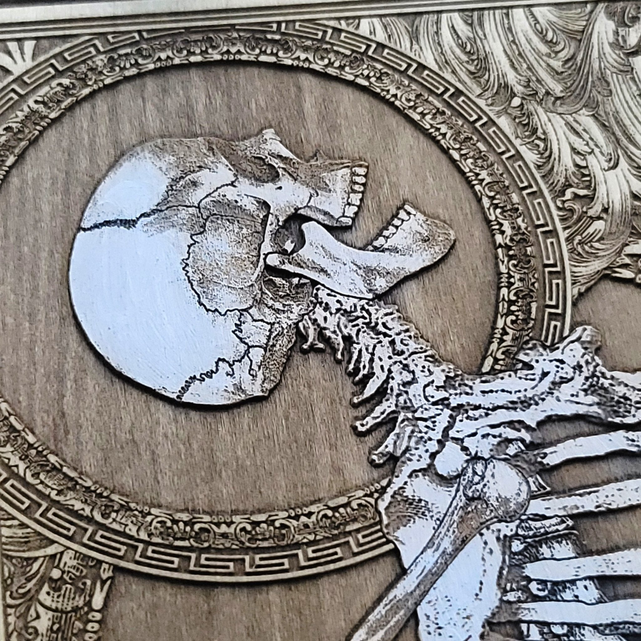Engraved skeleton wall art on wood, gothic and macabre home decor.
