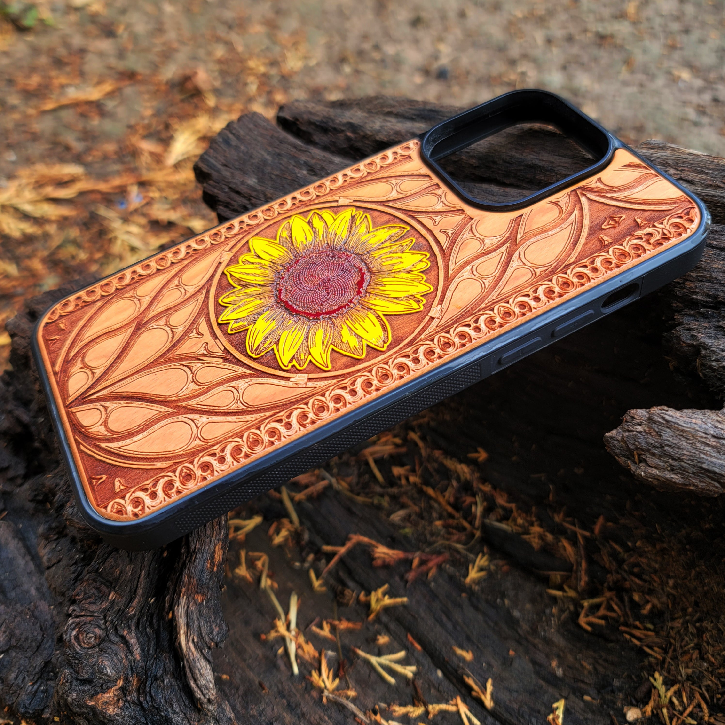 Laser-engraved sunflower design on a wooden phone case, compatible with iPhone and Samsung Galaxy  eco-friendly, slim, and stylish.
