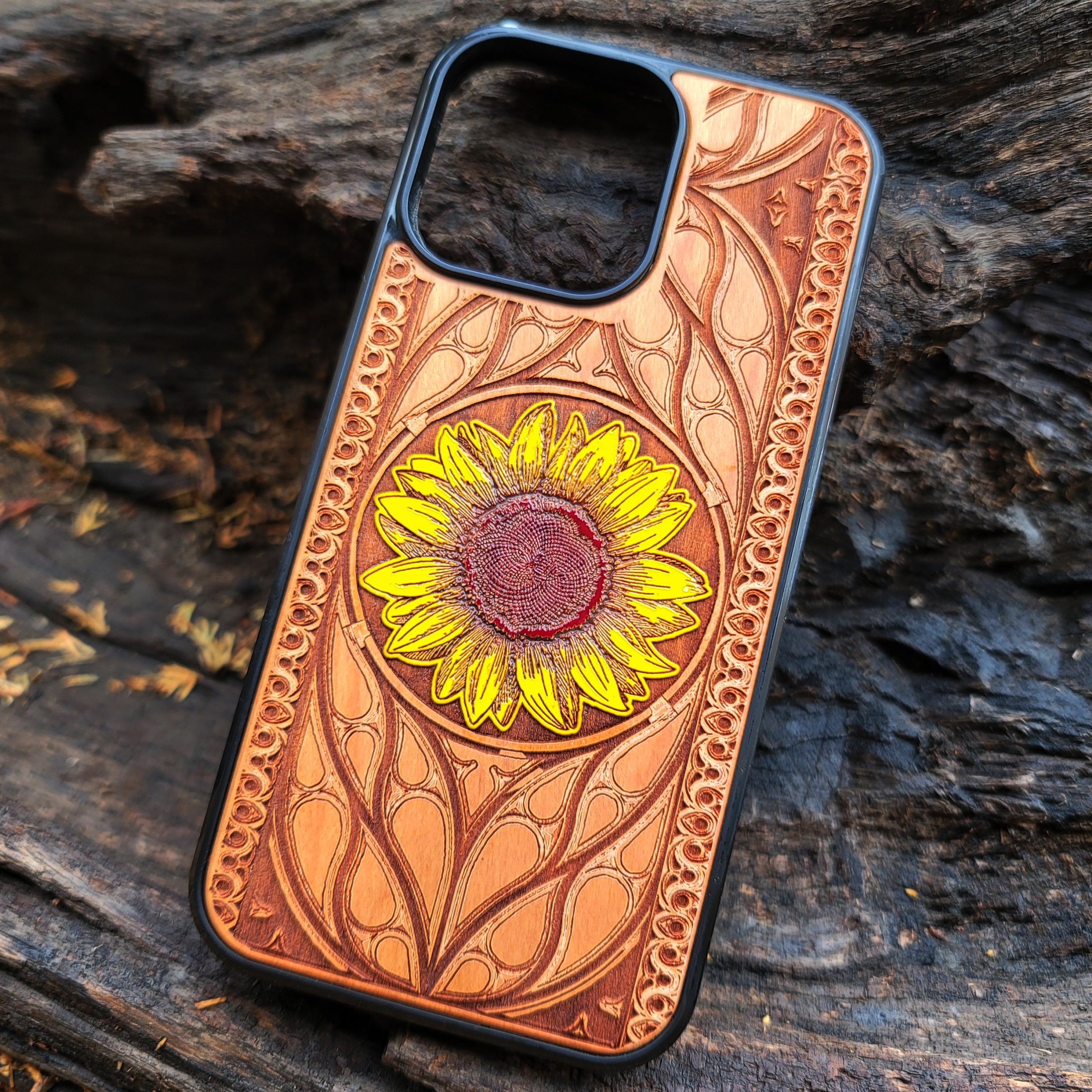 Laser-engraved sunflower design on a wooden phone case, compatible with iPhone and Samsung Galaxy  eco-friendly, slim, and stylish.