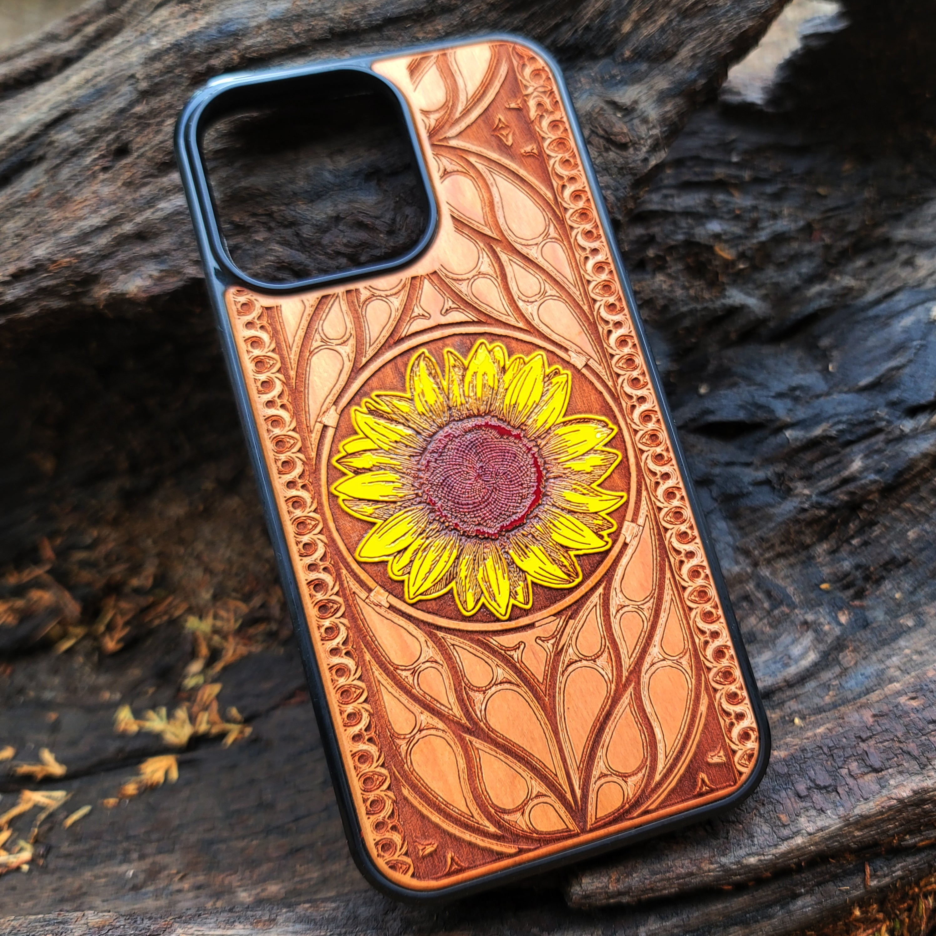 Laser-engraved sunflower design on a wooden phone case, compatible with iPhone and Samsung Galaxy  eco-friendly, slim, and stylish.