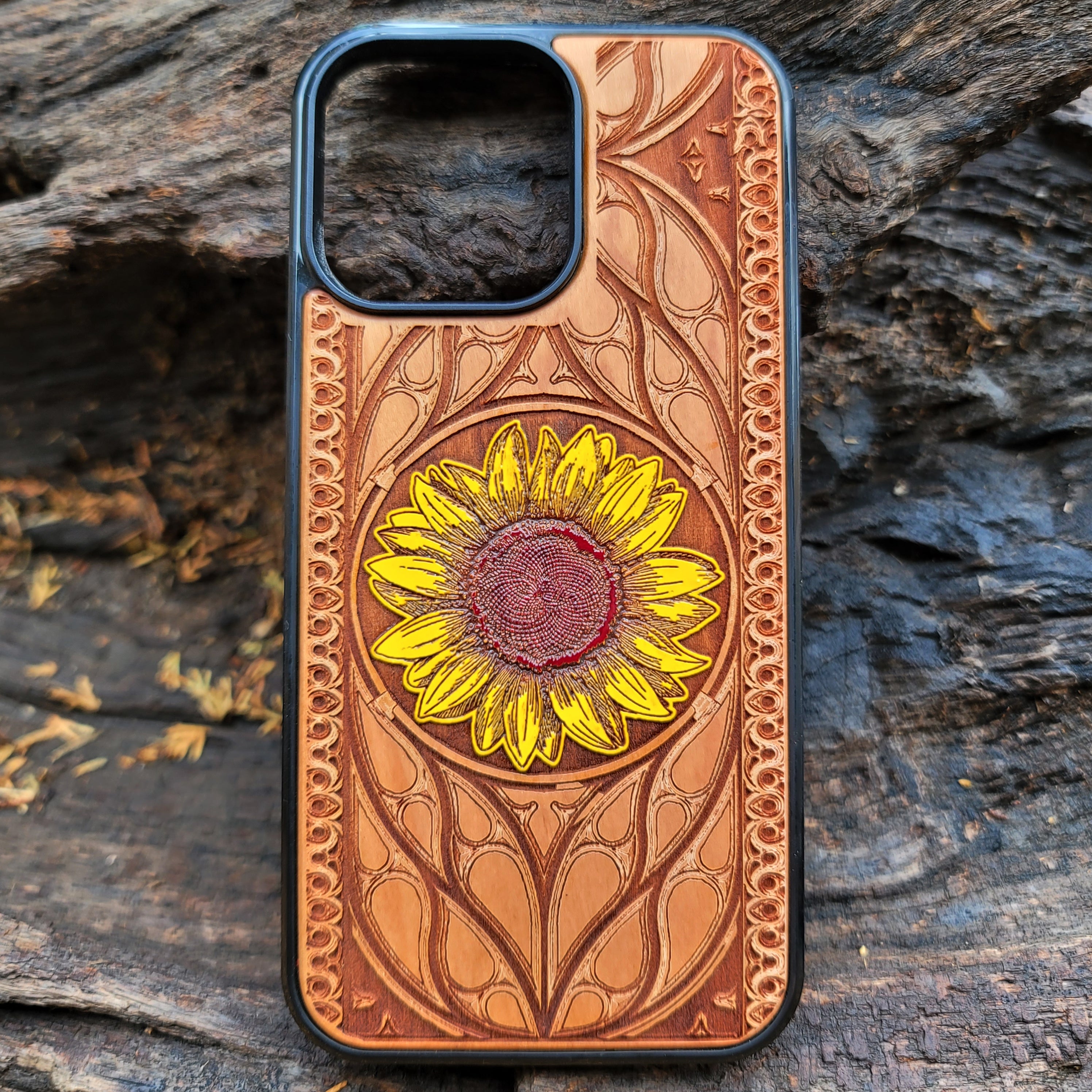 Laser-engraved sunflower design on a wooden phone case, compatible with iPhone and Samsung Galaxy  eco-friendly, slim, and stylish.