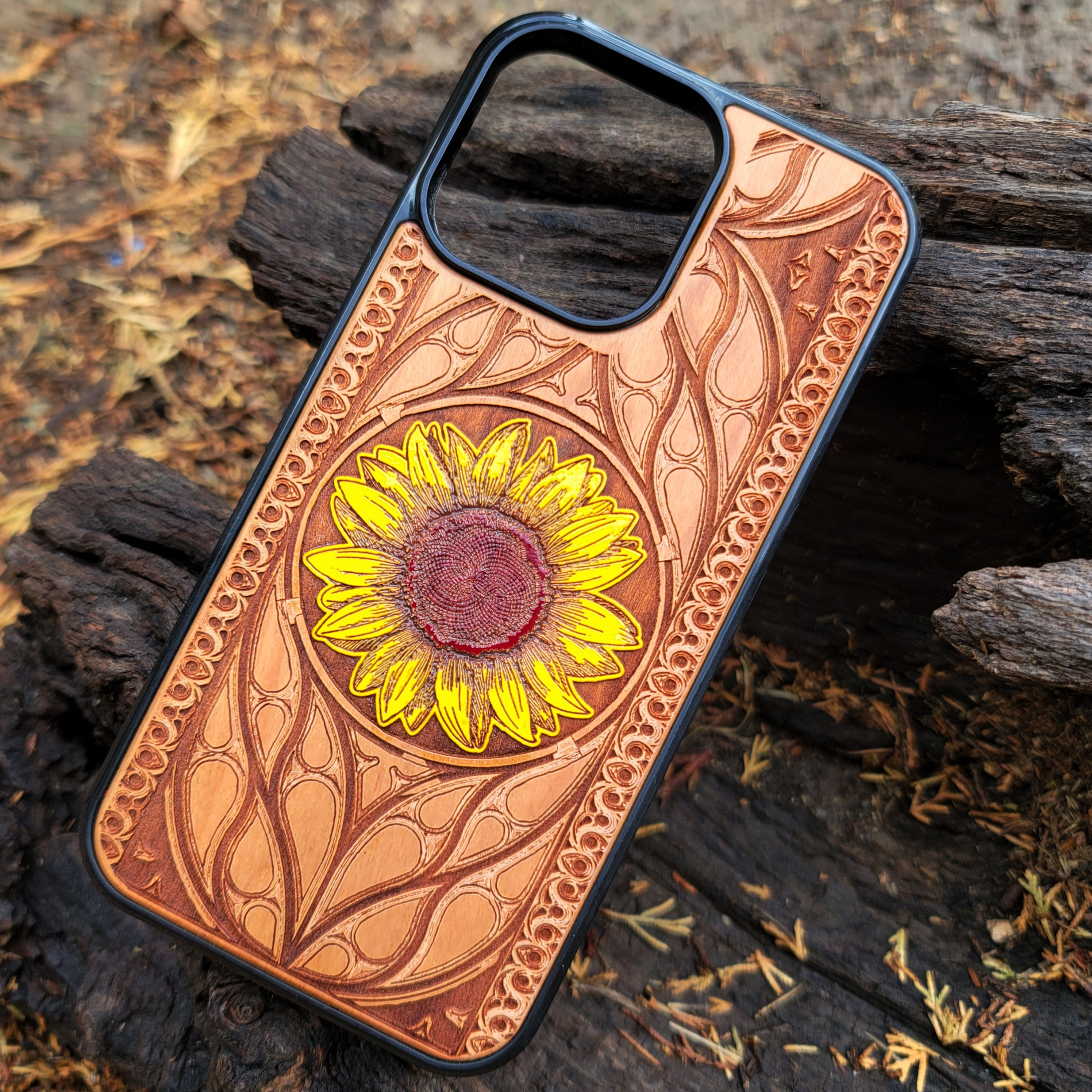 Laser-engraved sunflower design on a wooden phone case, compatible with iPhone and Samsung Galaxy  eco-friendly, slim, and stylish.