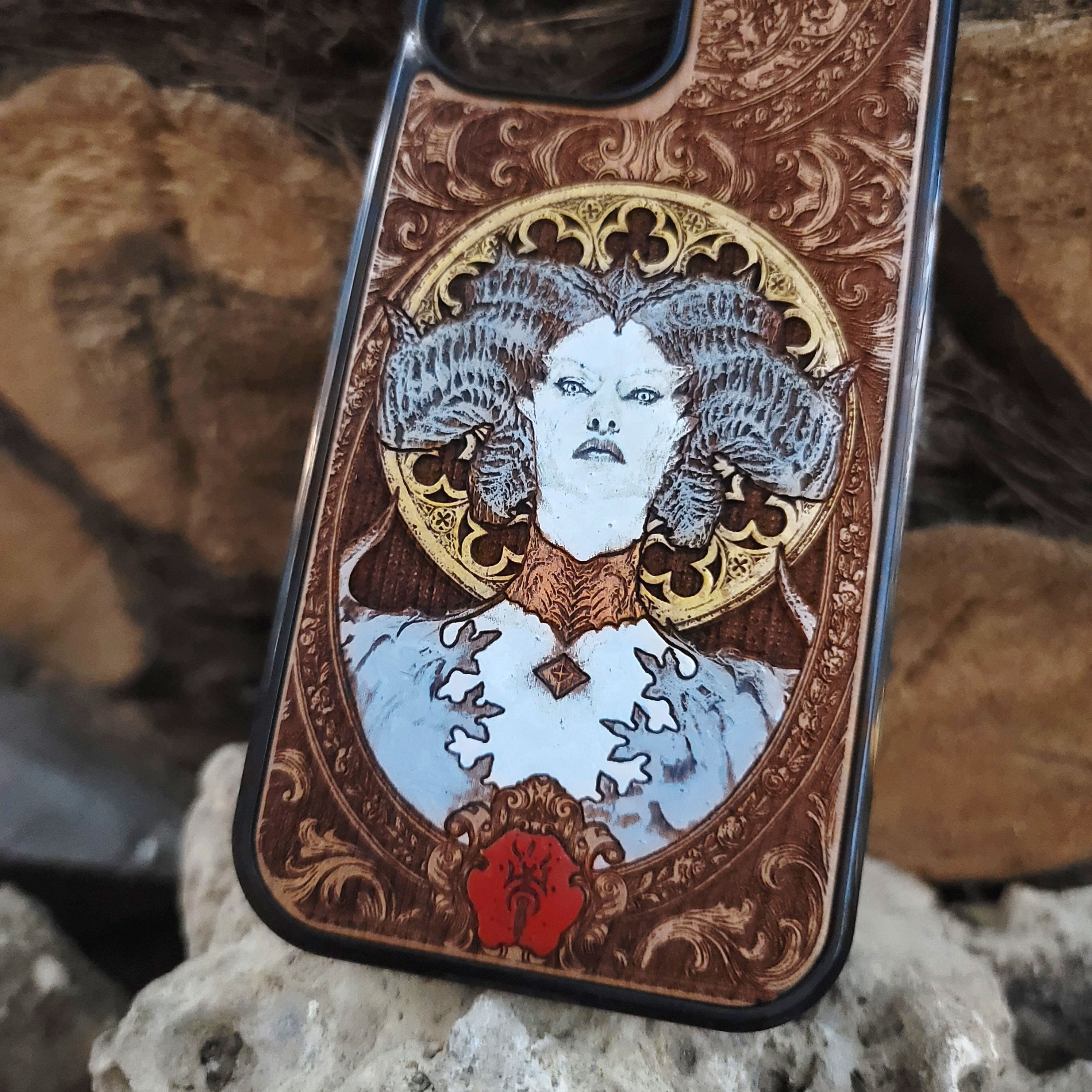 Hand-painted wooden phone case featuring a Diablo-inspired demon with gothic horns and ornate engraving, perfect for fantasy gamers and dark RPG fans