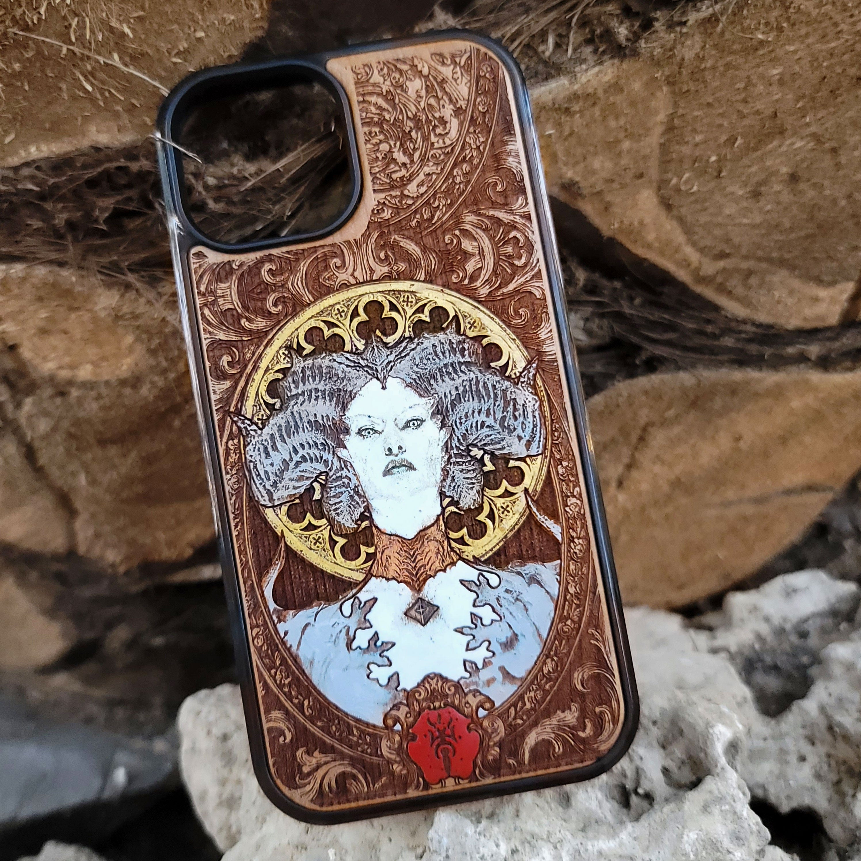 Hand-painted wooden phone case featuring a Diablo-inspired demon with gothic horns and ornate engraving, perfect for fantasy gamers and dark RPG fans