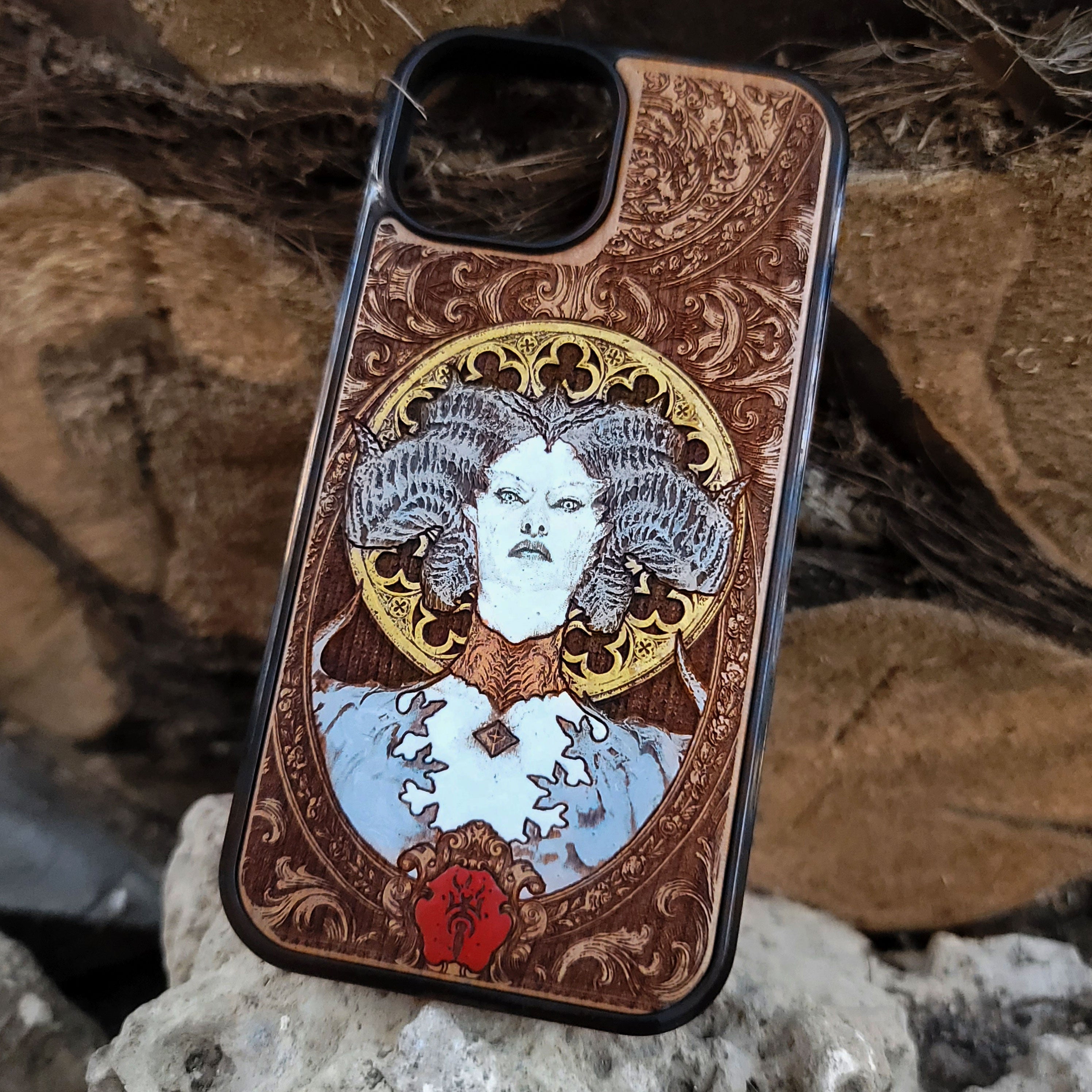 Hand-painted wooden phone case featuring a Diablo-inspired demon with gothic horns and ornate engraving, perfect for fantasy gamers and dark RPG fans