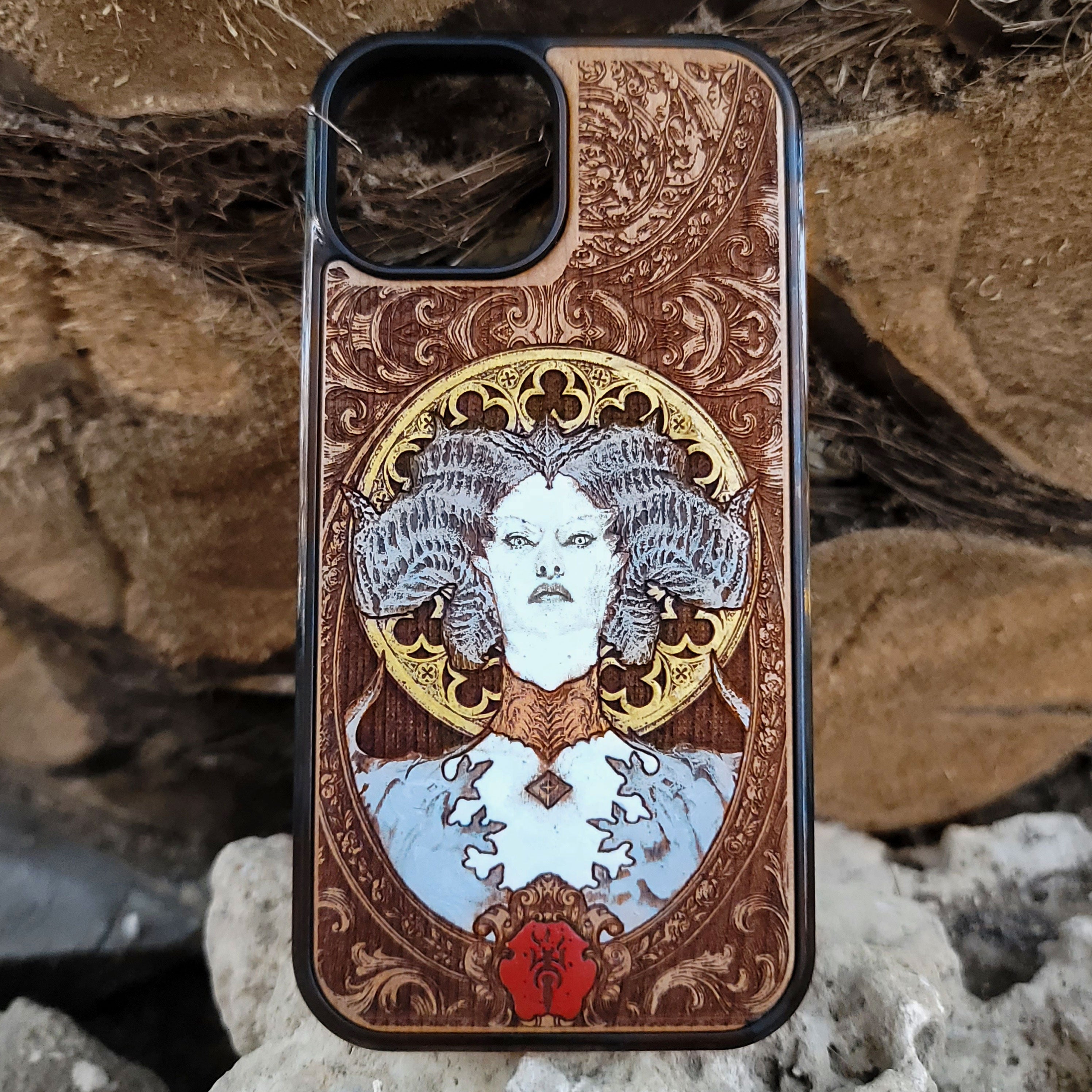 Hand-painted wooden phone case featuring a Diablo-inspired demon with gothic horns and ornate engraving, perfect for fantasy gamers and dark RPG fans