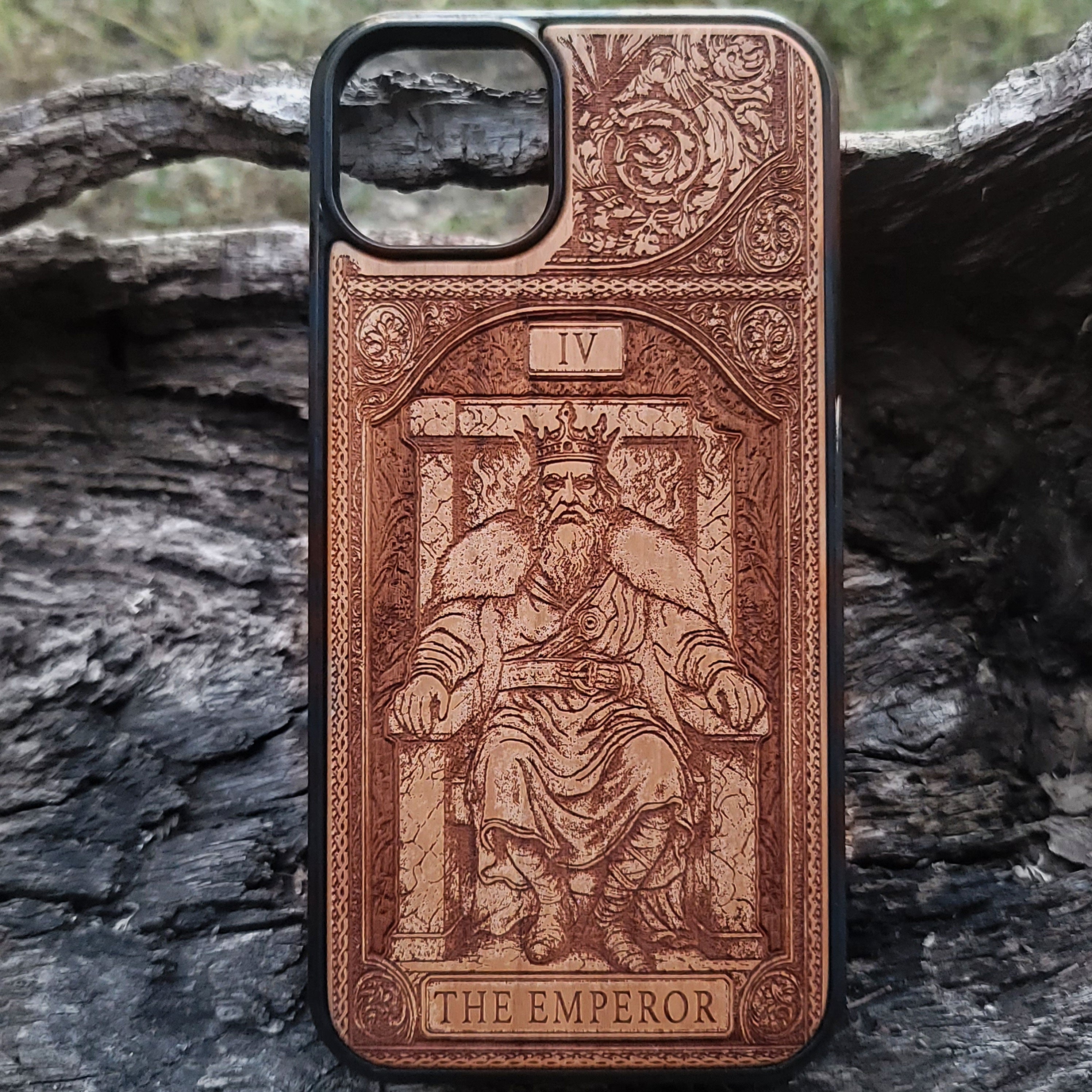 The Emperor tarot wood phone case – engraved for iPhone 16, Galaxy S25 – bold mystical design of structure and power