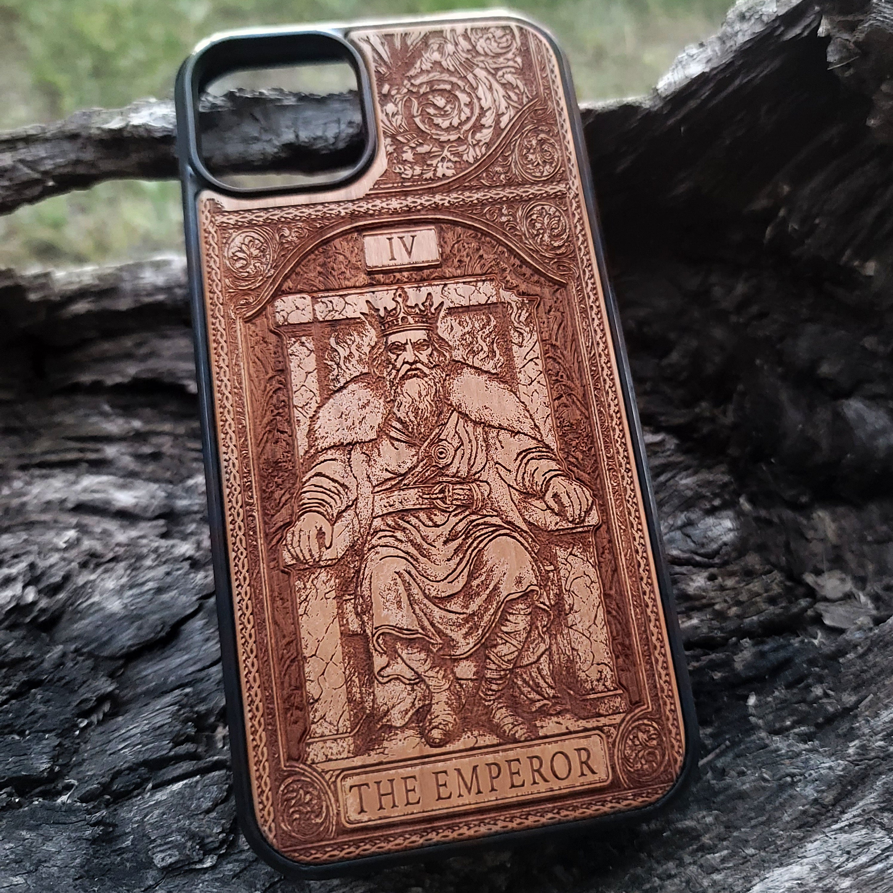The Emperor tarot wood phone case – engraved for iPhone 16, Galaxy S25 – bold mystical design of structure and power