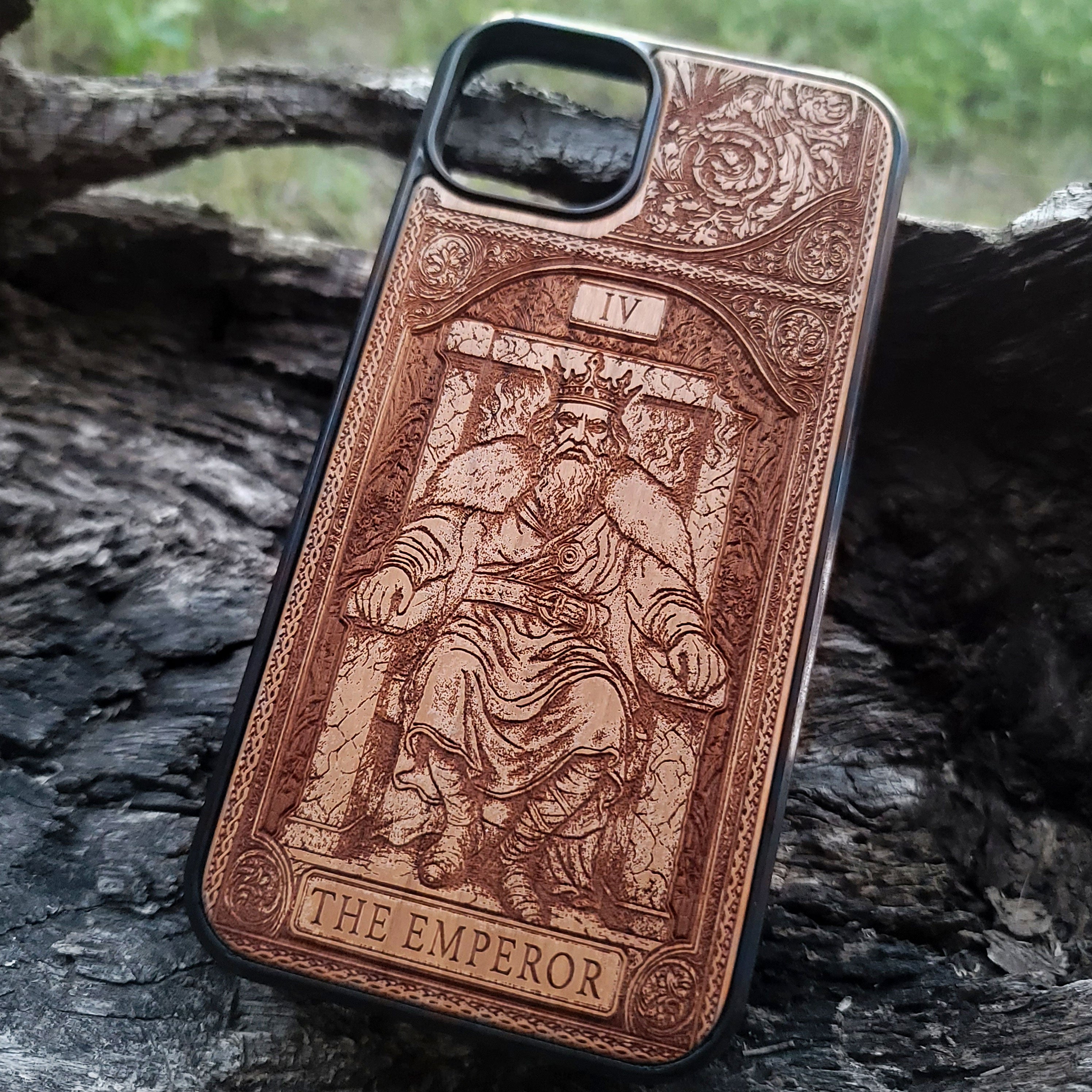 The Emperor tarot wood phone case – engraved for iPhone 16, Galaxy S25 – bold mystical design of structure and power