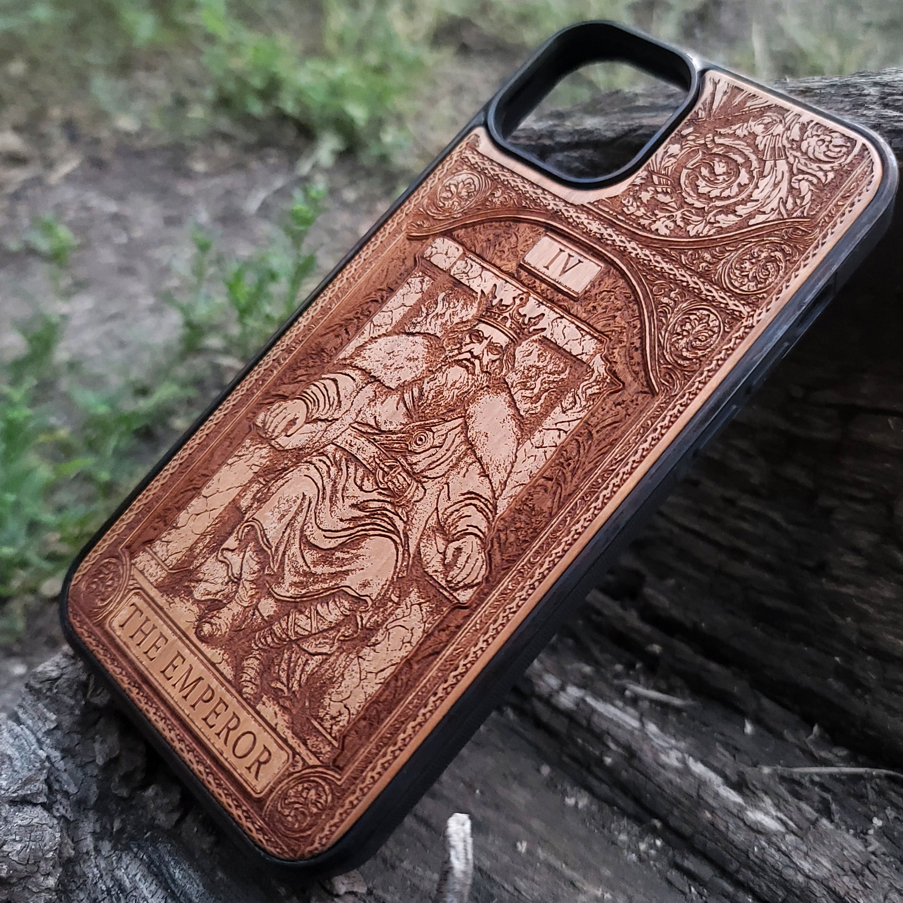 The Emperor tarot wood phone case – engraved for iPhone 16, Galaxy S25 – bold mystical design of structure and power