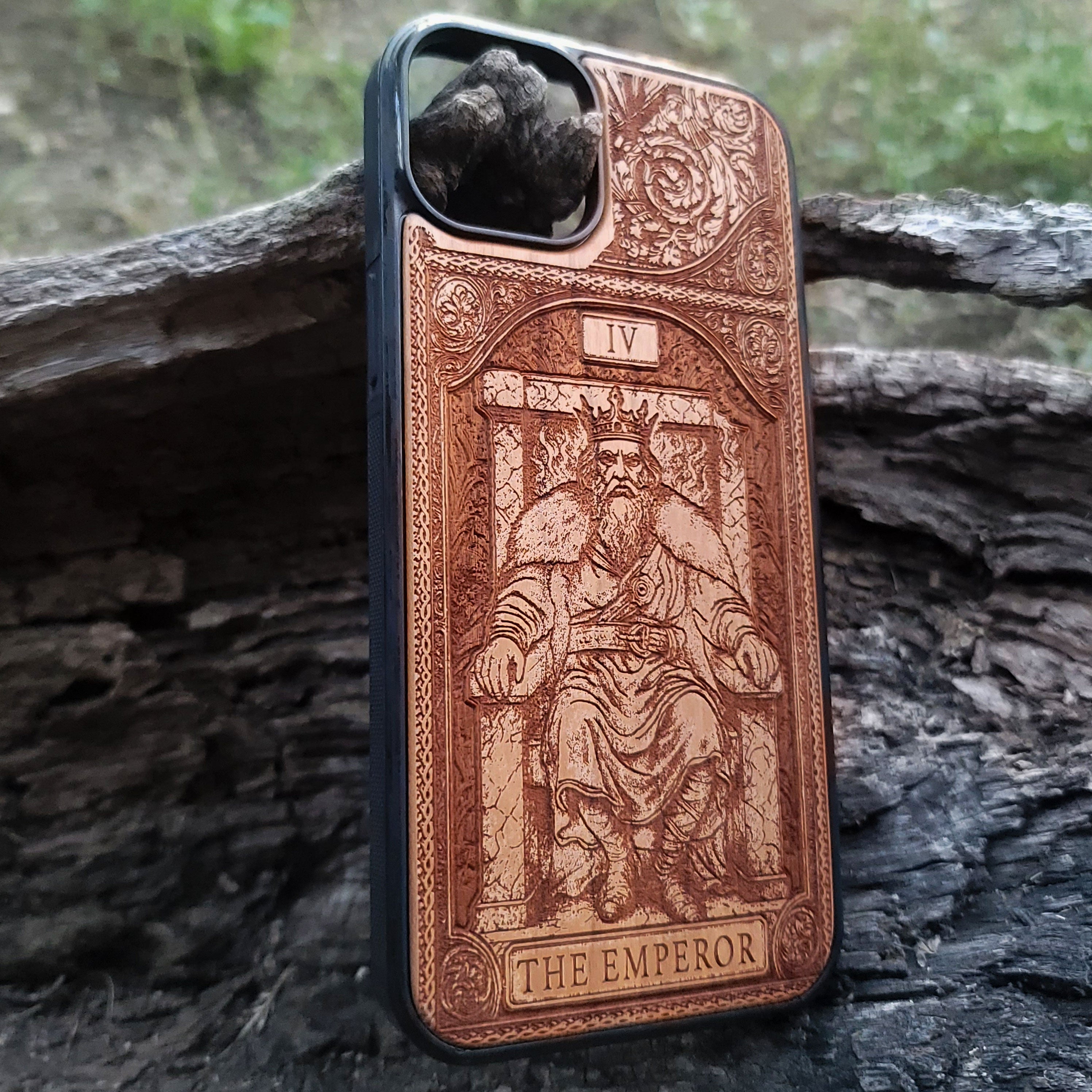 The Emperor tarot wood phone case – engraved for iPhone 16, Galaxy S25 – bold mystical design of structure and power