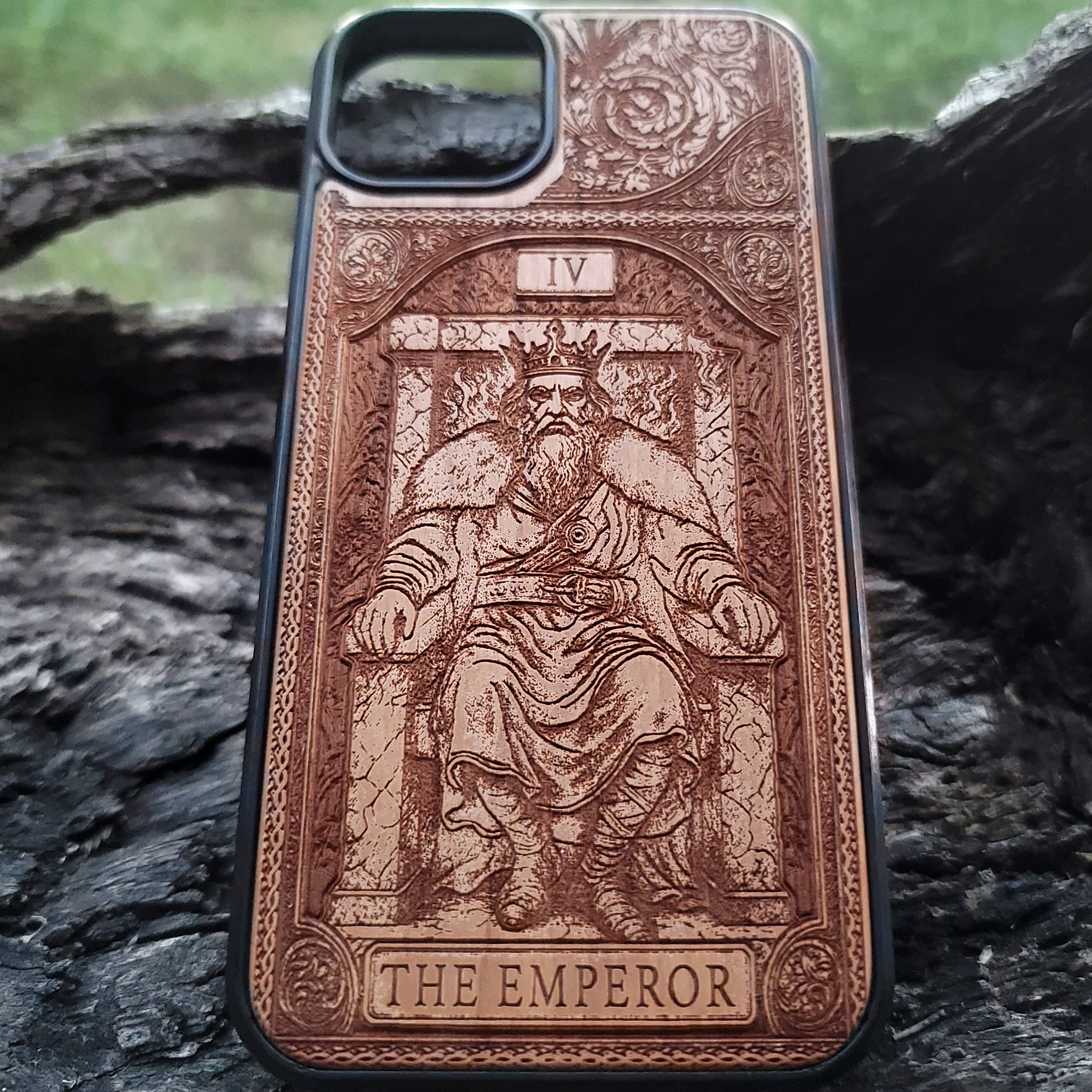 The Emperor tarot wood phone case – engraved for iPhone 16, Galaxy S25 – bold mystical design of structure and power