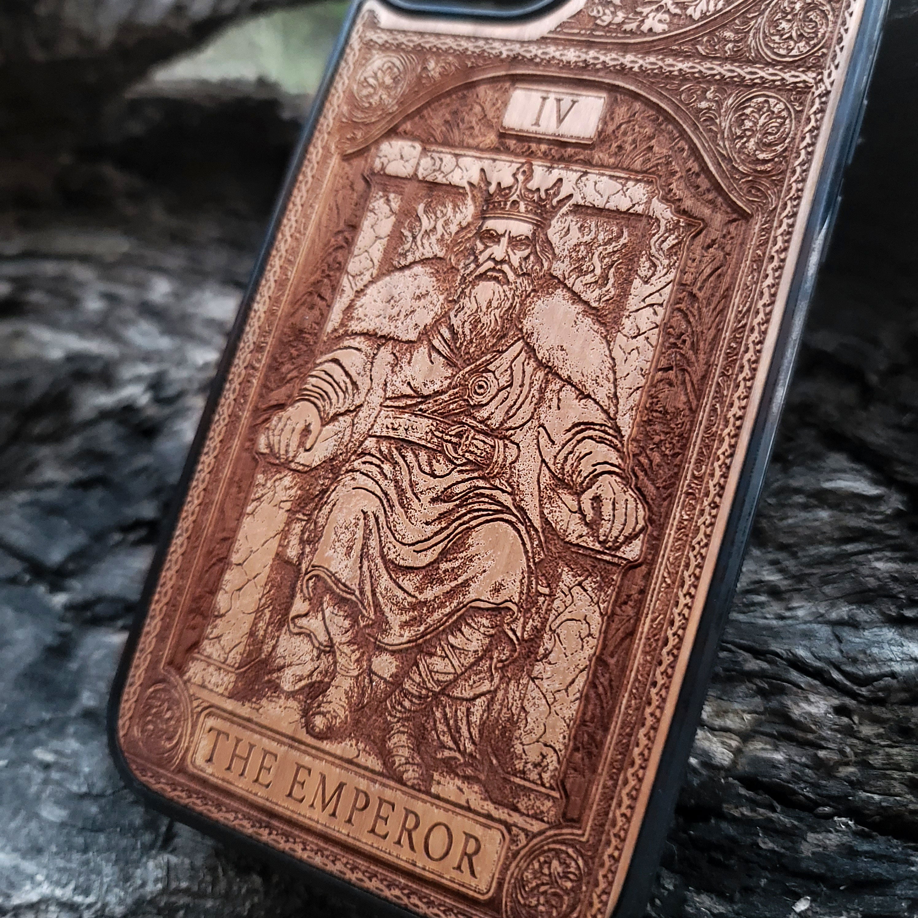 The Emperor tarot wood phone case – engraved for iPhone 16, Galaxy S25 – bold mystical design of structure and power