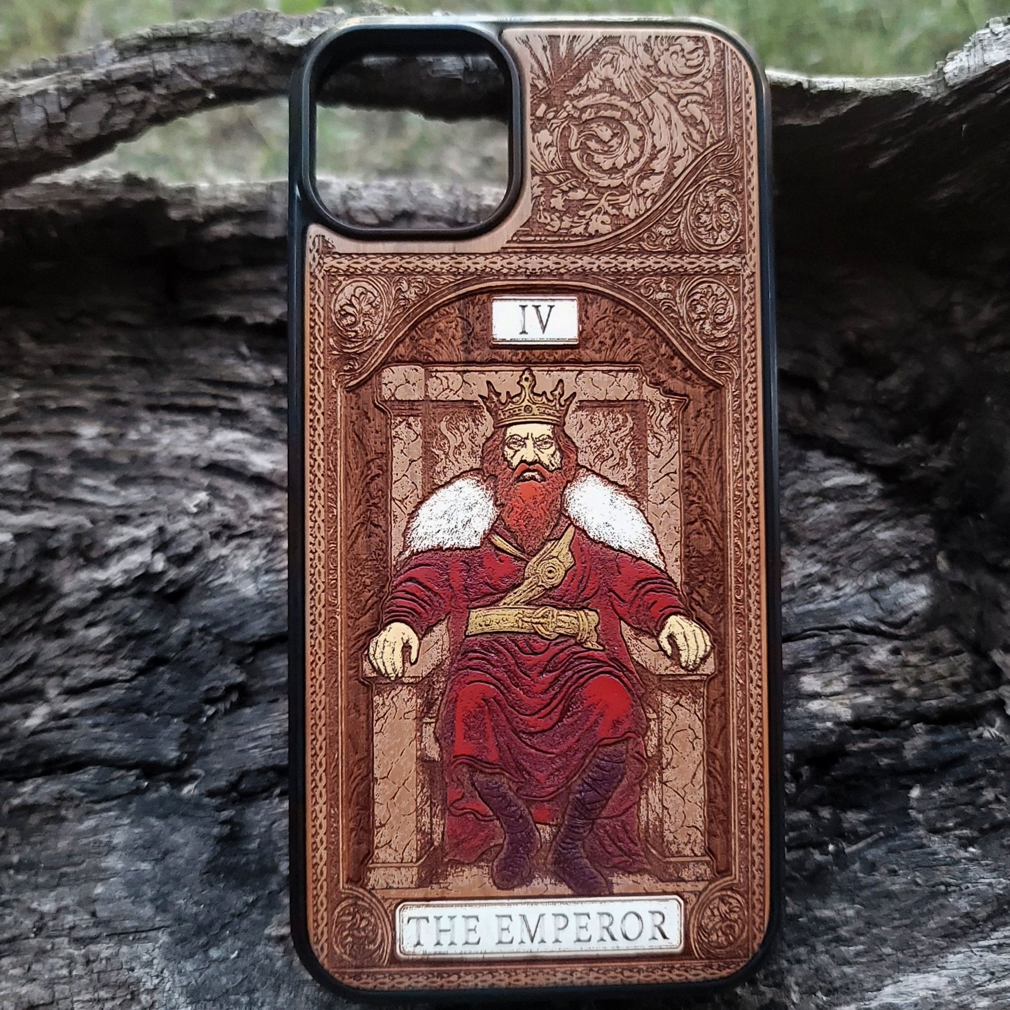 The Emperor tarot wood phone case – engraved & hand-painted for iPhone , Galaxy S – bold mystical design of structure and power