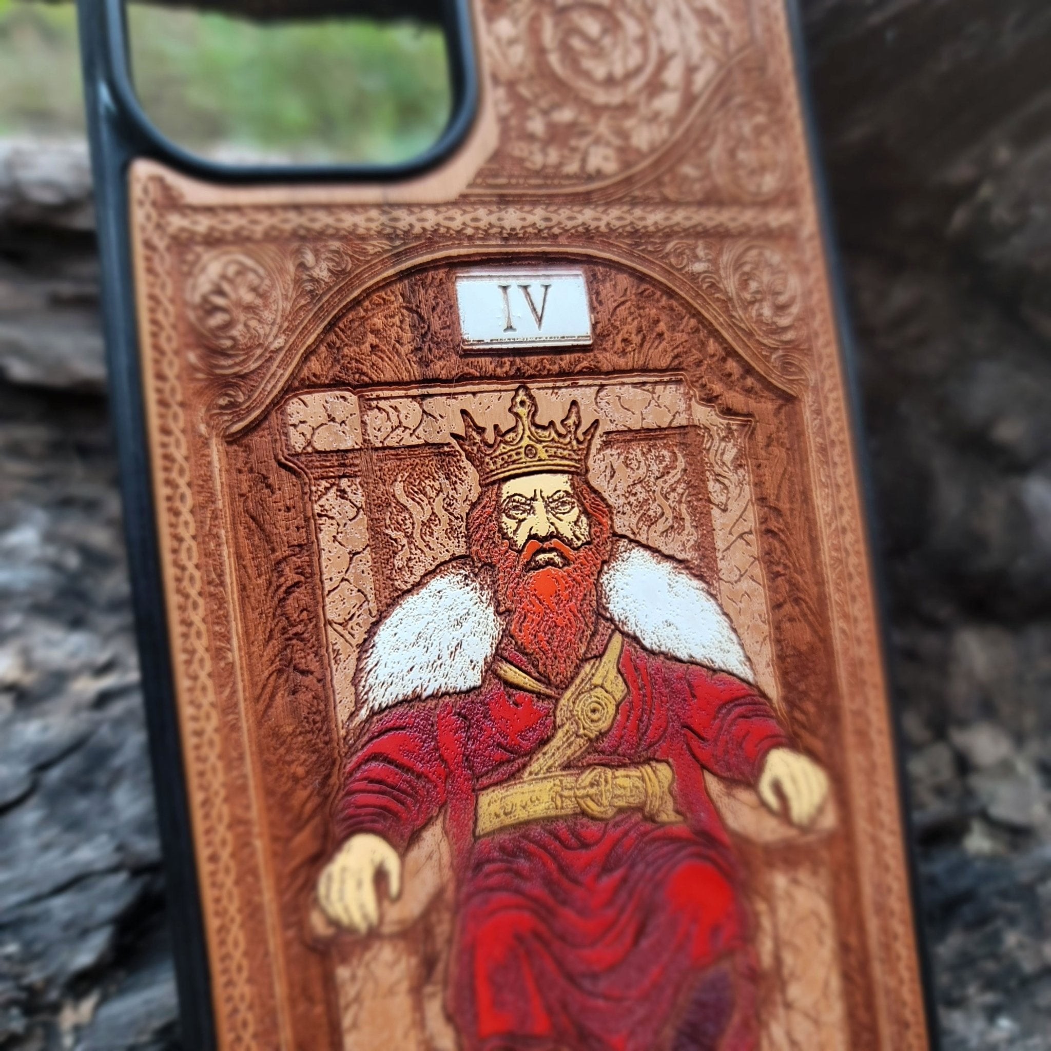 The Emperor tarot wood phone case – engraved & hand-painted for iPhone , Galaxy S – bold mystical design of structure and power