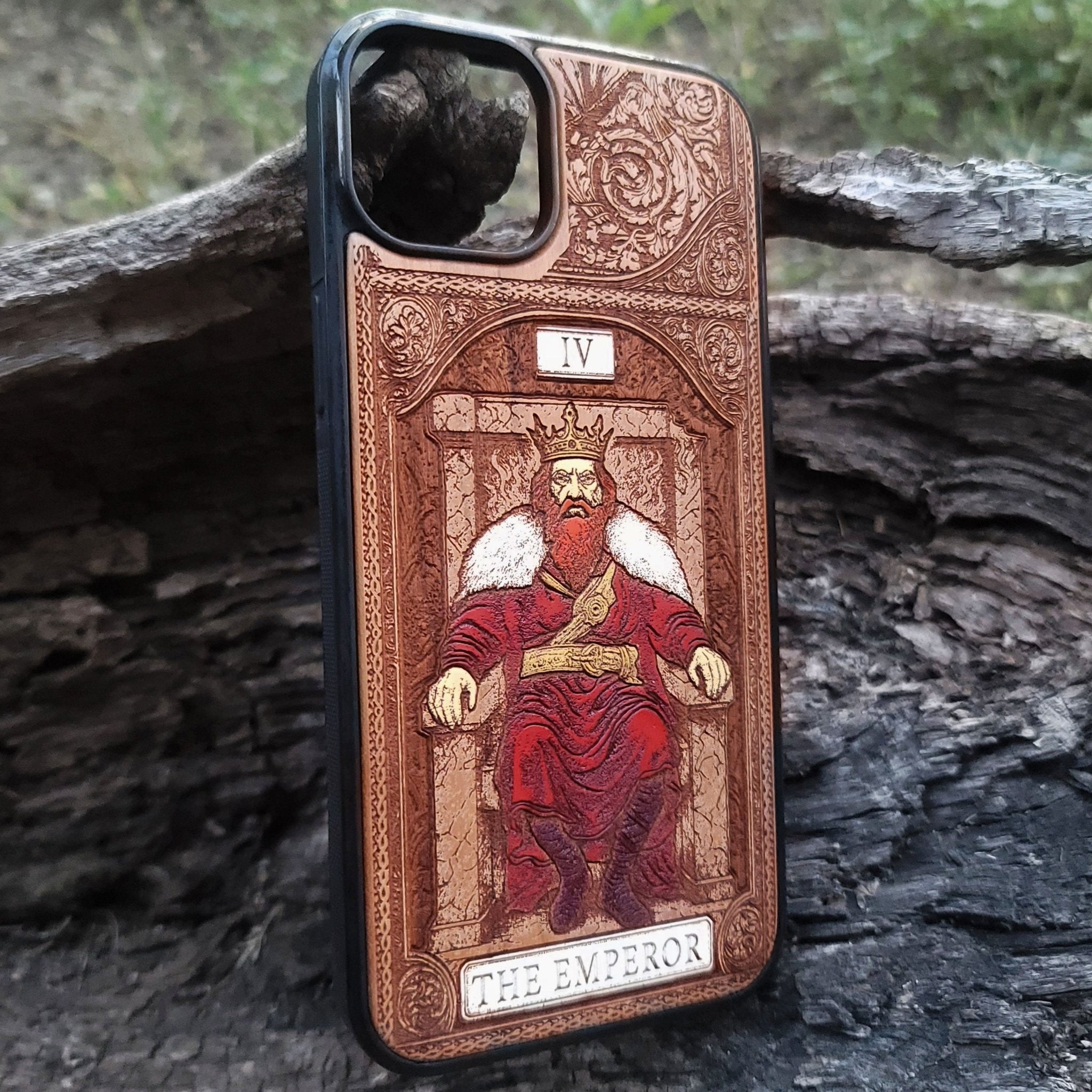 The Emperor tarot wood phone case – engraved & hand-painted for iPhone , Galaxy S – bold mystical design of structure and power
