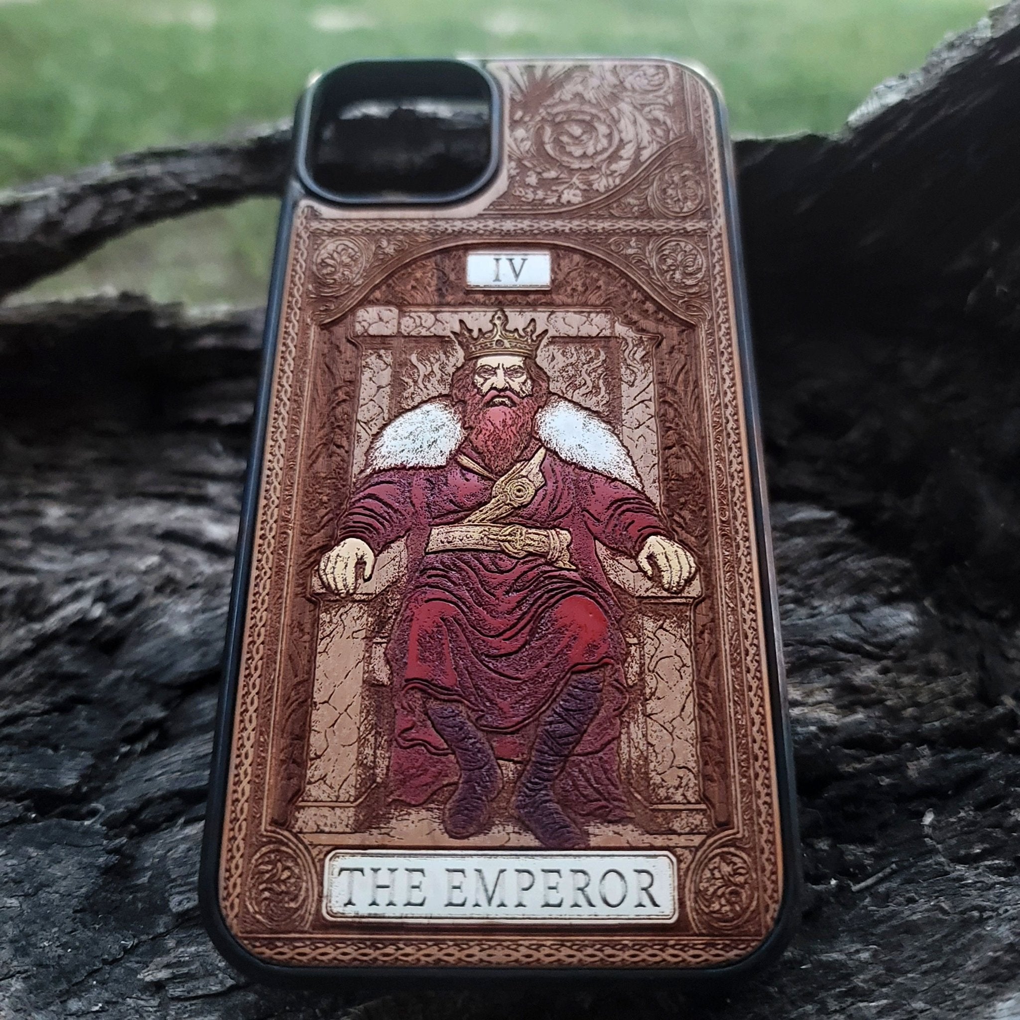The Emperor tarot wood phone case – engraved & hand-painted for iPhone , Galaxy S – bold mystical design of structure and power