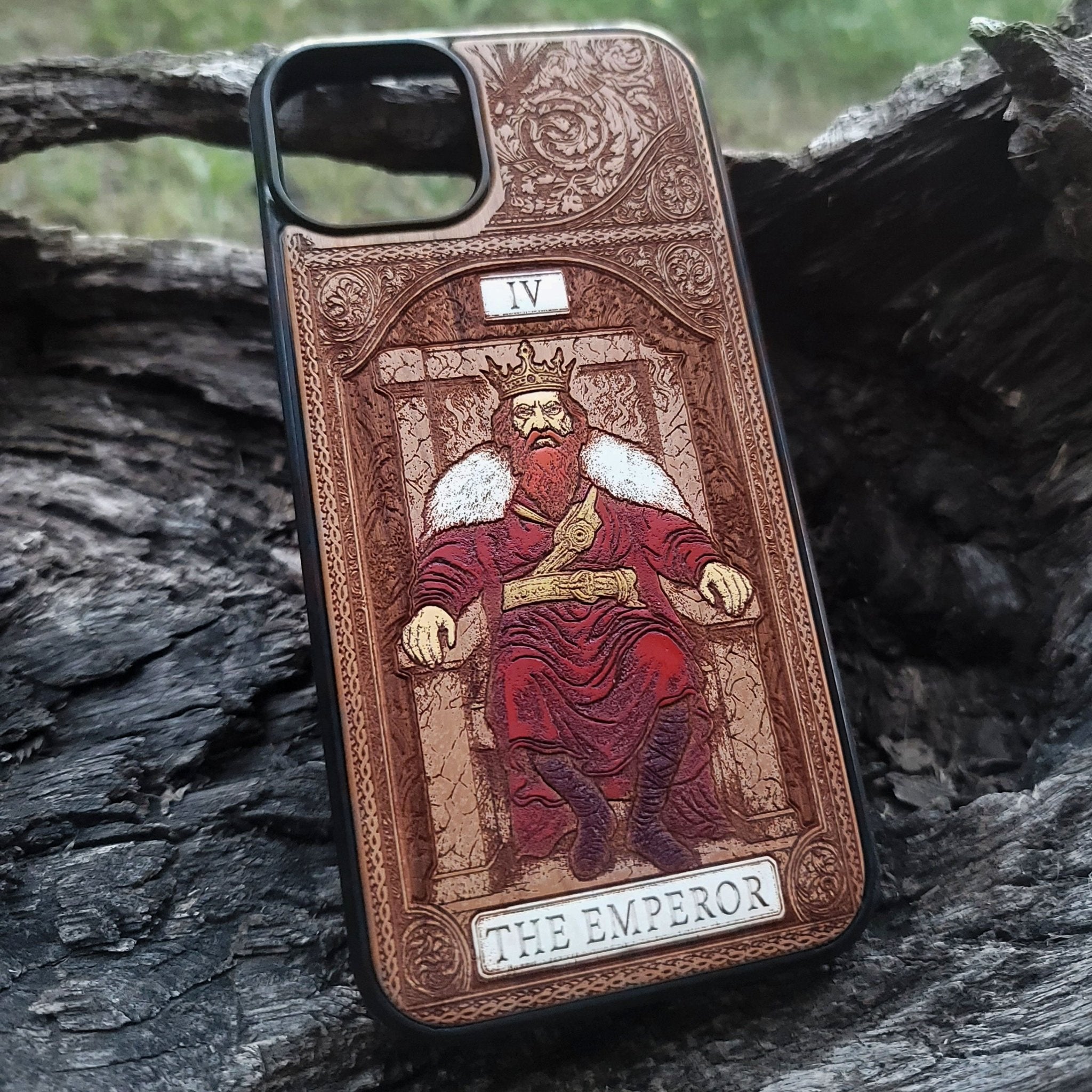 The Emperor tarot wood phone case – engraved & hand-painted for iPhone , Galaxy S – bold mystical design of structure and power