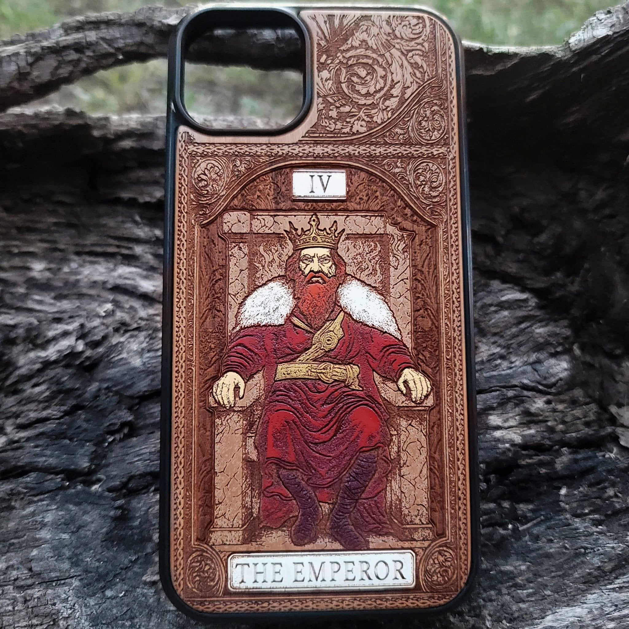 The Emperor tarot wood phone case – engraved & hand-painted for iPhone , Galaxy S – bold mystical design of structure and power
