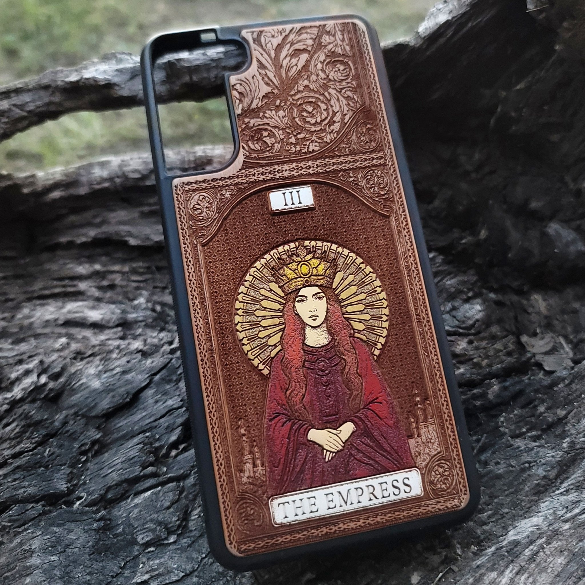 The Empress tarot wood phone case – hand-painted & engraved for iPhone , Galaxy S – mystical witchy design