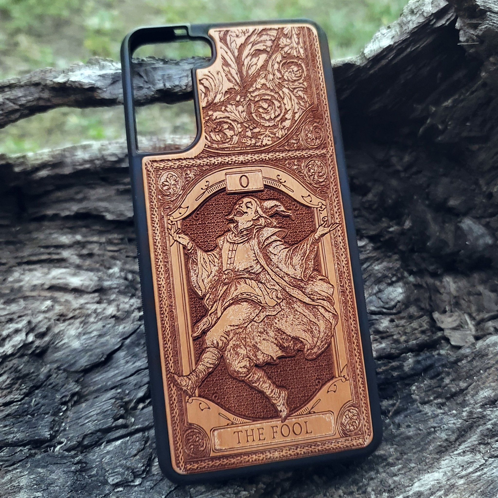 The Fool Tarot Card wood phone case with mystical, esoteric artwork for iPhone –11 and Galaxy S–S20