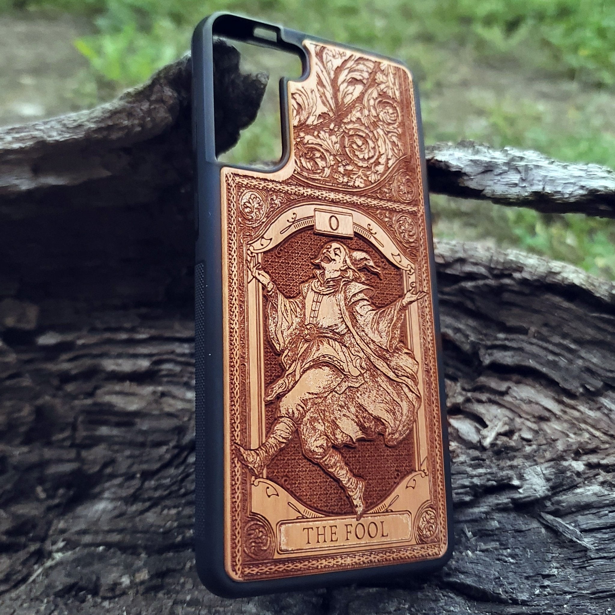 The Fool Tarot Card wood phone case with mystical, esoteric artwork for iPhone –11 and Galaxy S–S20