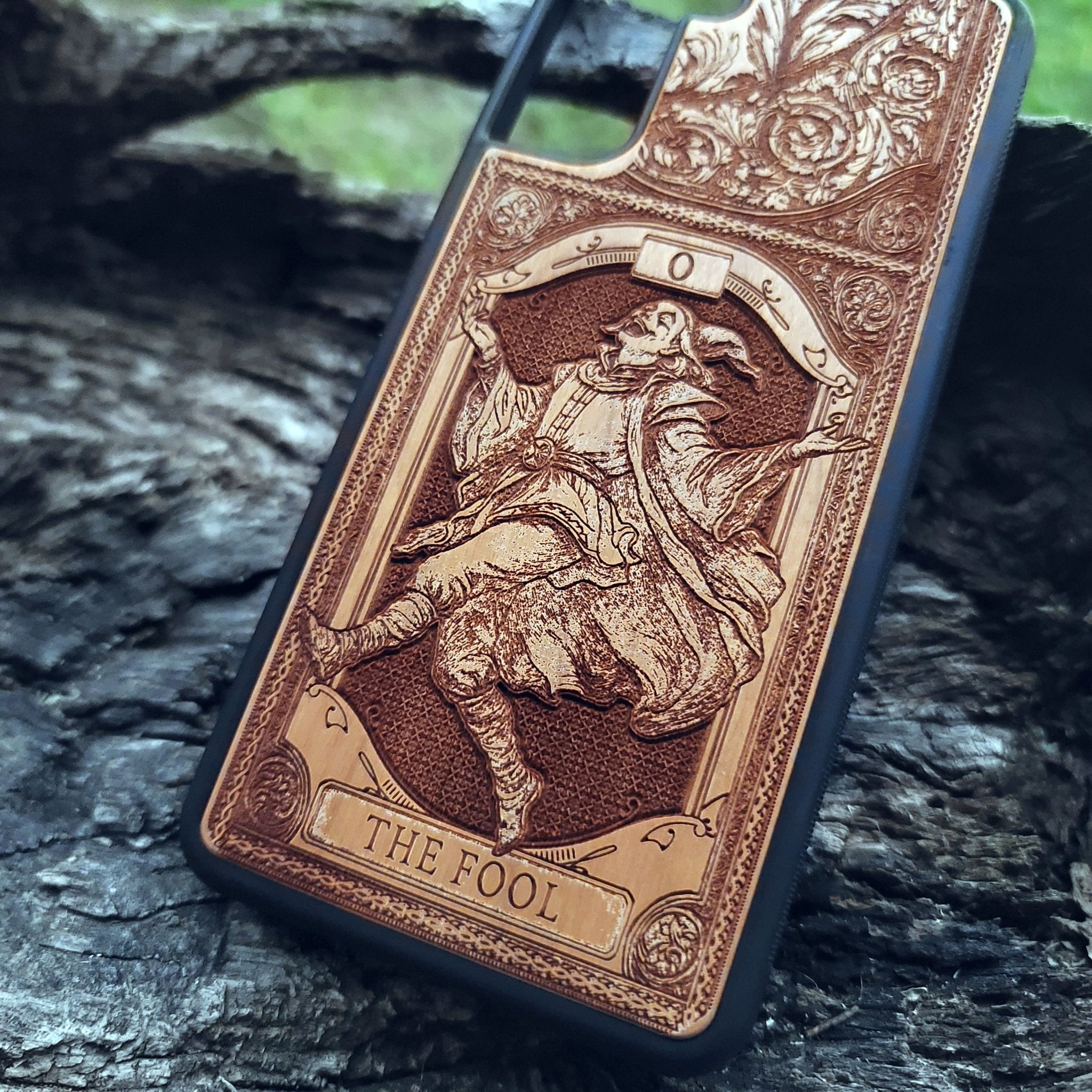 The Fool Tarot Card wood phone case with mystical, esoteric artwork for iPhone –11 and Galaxy S–S20